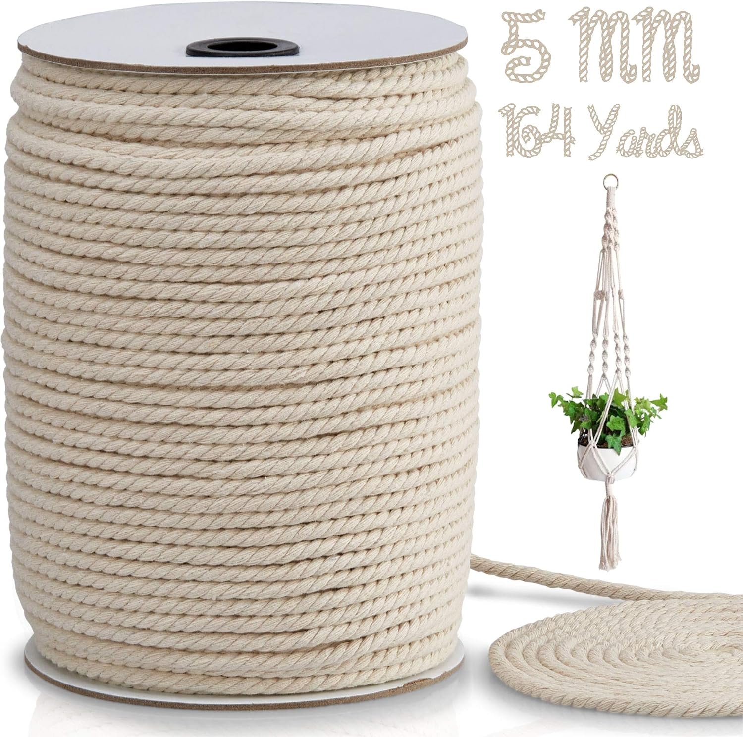 Macrame Cord 5mm x 164 Yards, Macrame Rope, Natural Cotton Macrame String for Crafting Macrame Supplies, Plant Hangers, Knitting