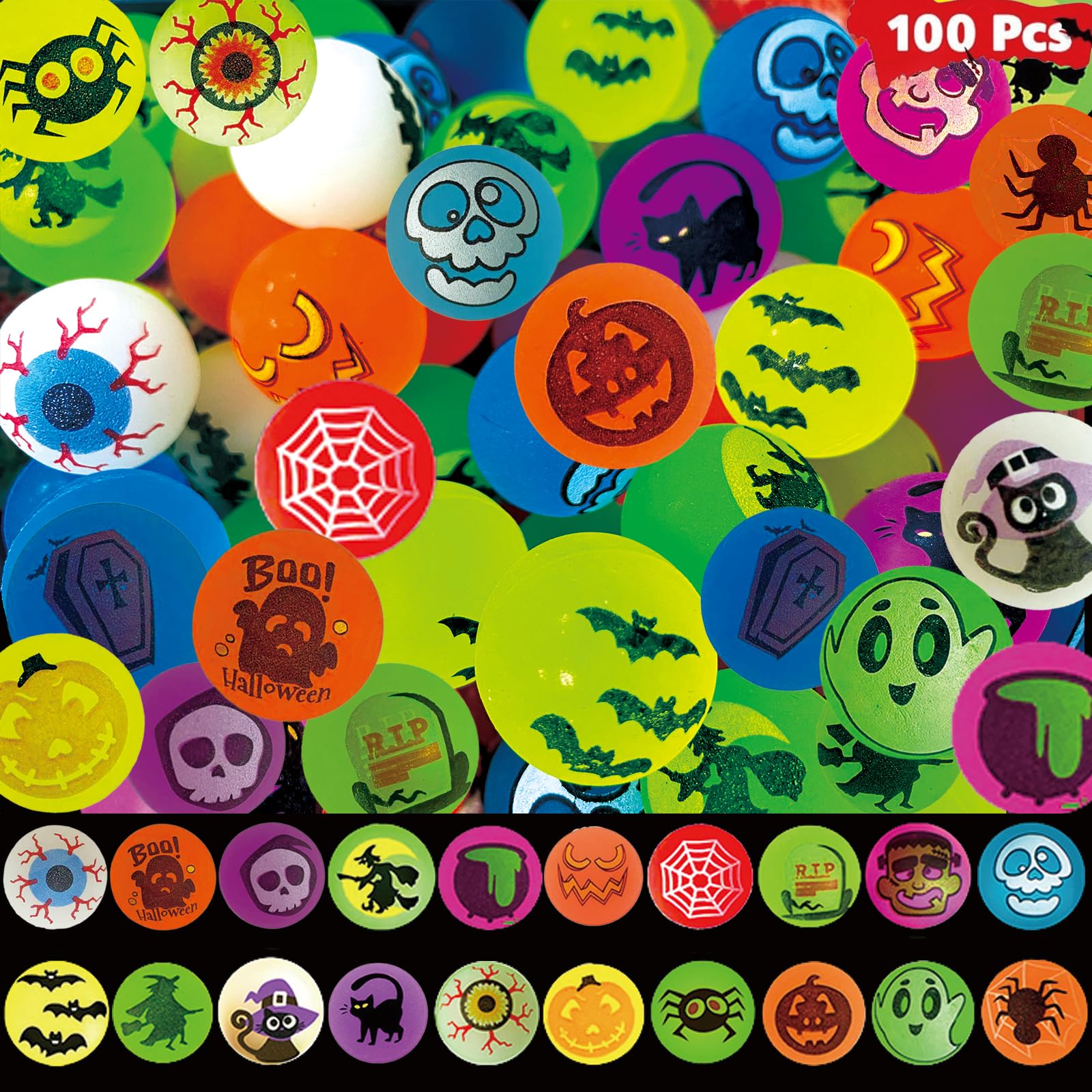 100 Piece Halloween Glow in The Dark Bouncing Balls, 20 Halloween Theme Designs Bouncing Balls for Kids, Party Supplies Party Favors, Trick or Treating Goodies