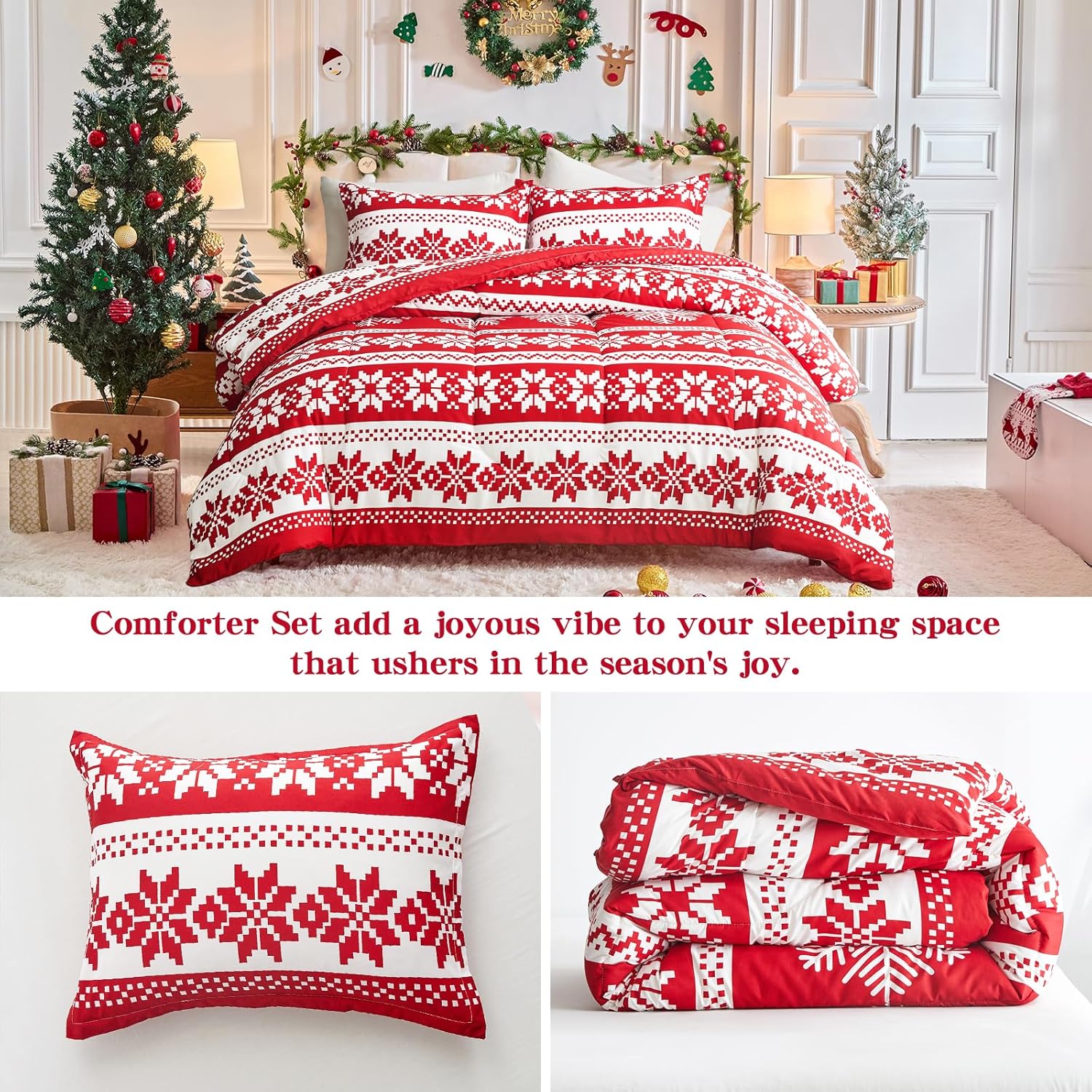 Tititada Christmas Striped Comforter Set Queen Size, 3 Pieces Soft Microfiber Holiday Warm Bedding Set with Pillow Shams- Snowflake Printed