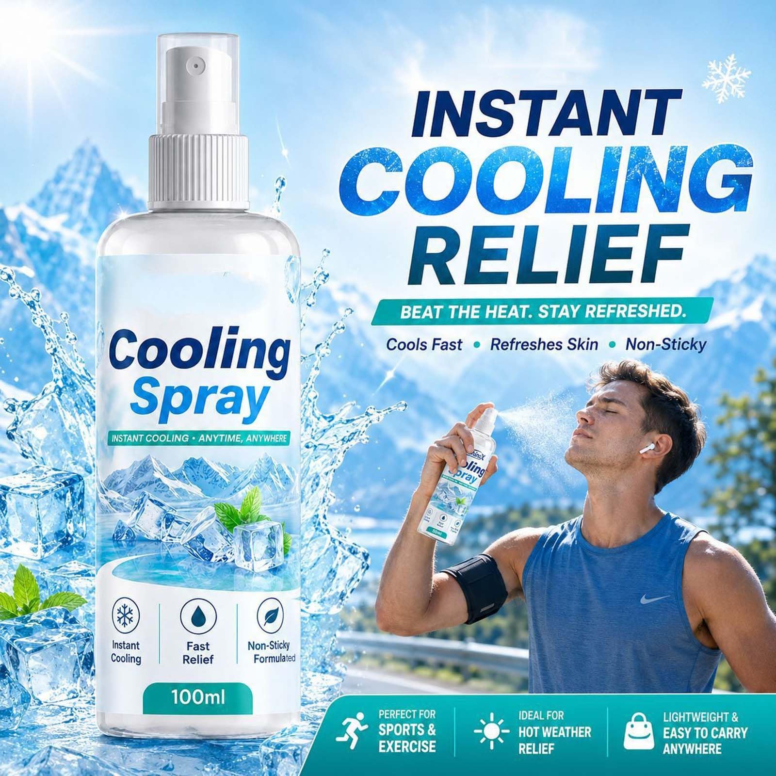 Nebulizzazione rinfrescante istantanea, spray rinfrescante per il corpo, non appiccicoso, leggero, spray rinfrescante sportivo a lunga durata, spray idratante dopo il sole, fresco (5 pezzi)