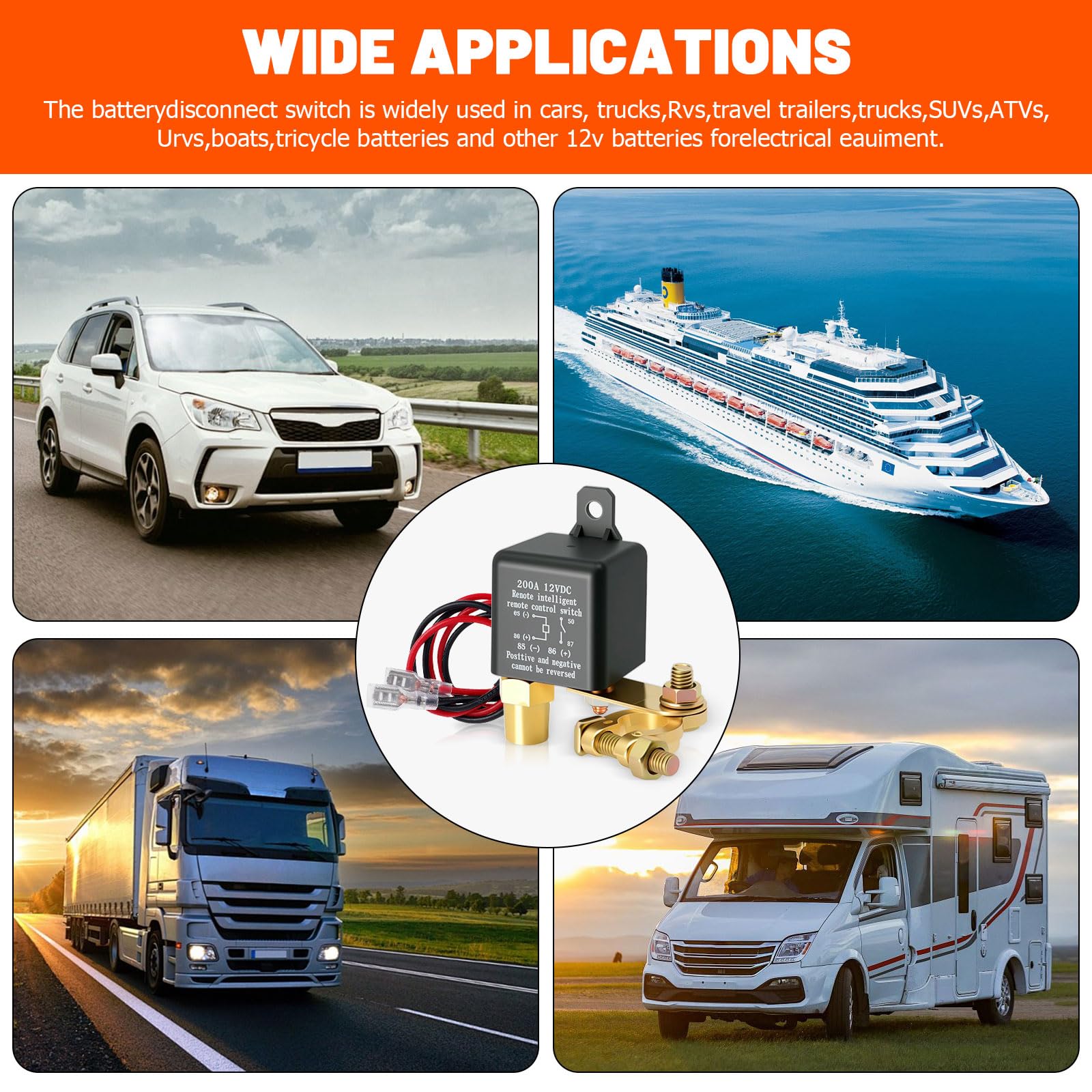 Interruttore di batteria da 12 V con telecomando, interruttore di batteria 12 V 200 A con 2 pali in ottone, 2 terminali di batteria, 2 telecomandi per moto, auto, roulotte abitacola, barca, yacht
