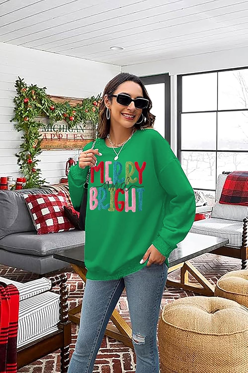 Christmas Sweatshirt Women Merry And Bright Christmas Pullover Shirt Novelty Chenille Patch Xmas Gift Holiday Top - Image 6