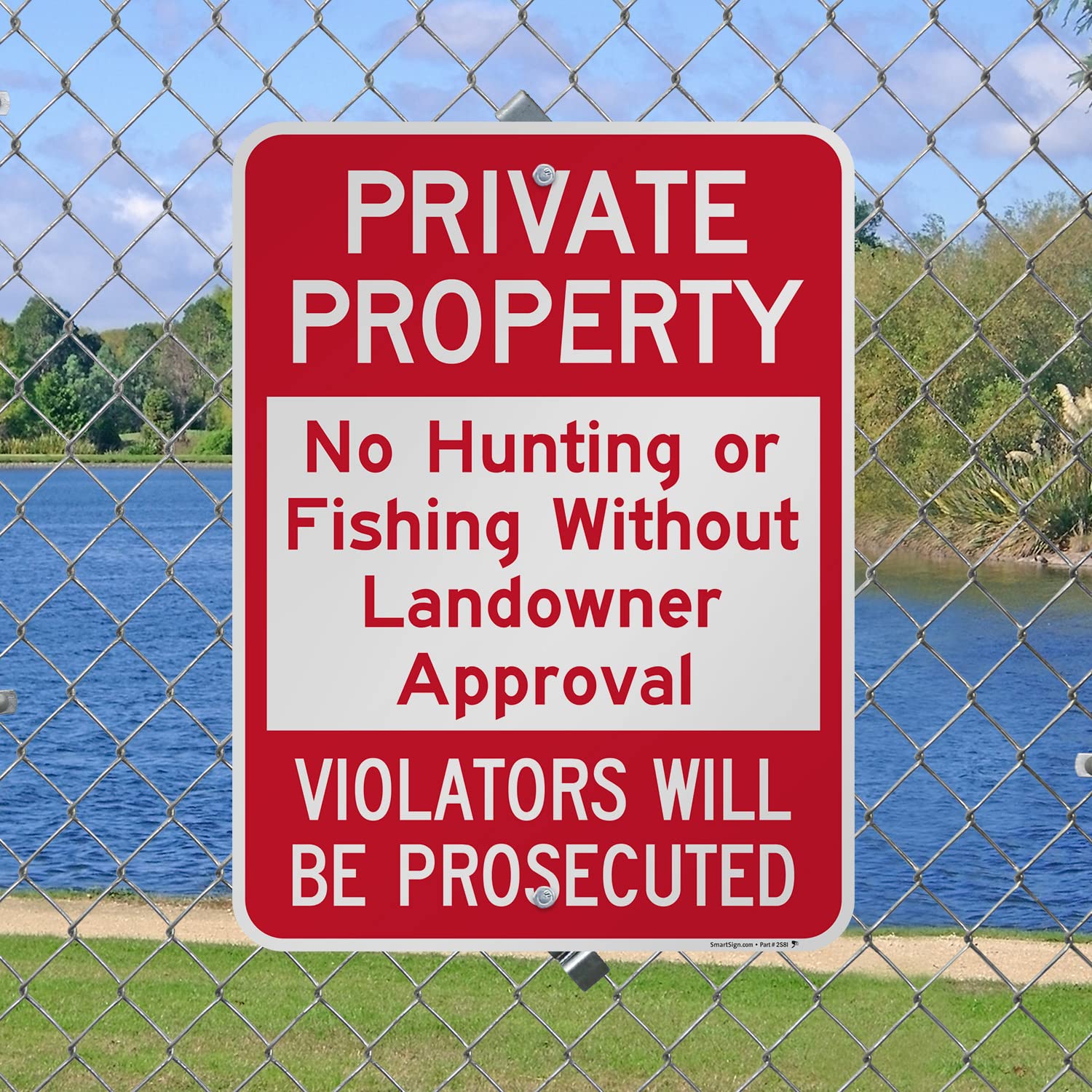 SmartSign 24 x 18 inch “Private Property - No Hunting Or Fishing Without Landowner Approval” Metal Sign, 80 mil Laminated Rustproof Aluminum, Red and White, Made in USA