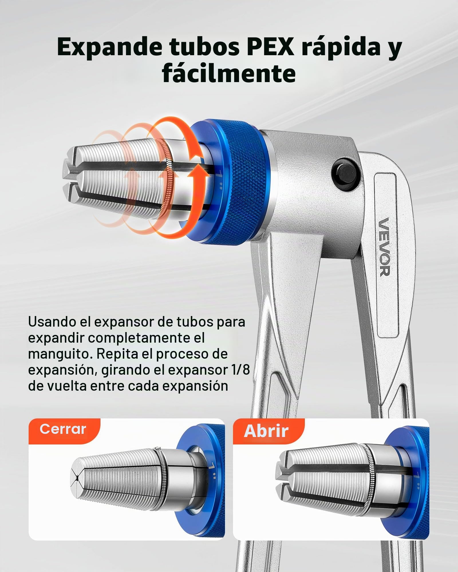 VEVOR Herramienta Expansor de Tubos PEX, Kit Manual para Expandir Tubería con 4 Cabezales de Expansión de 9,52 a 25,4 mm con Cortatubos, Lubricante para Instalaciones de Sistemas de Agua y Calefacción