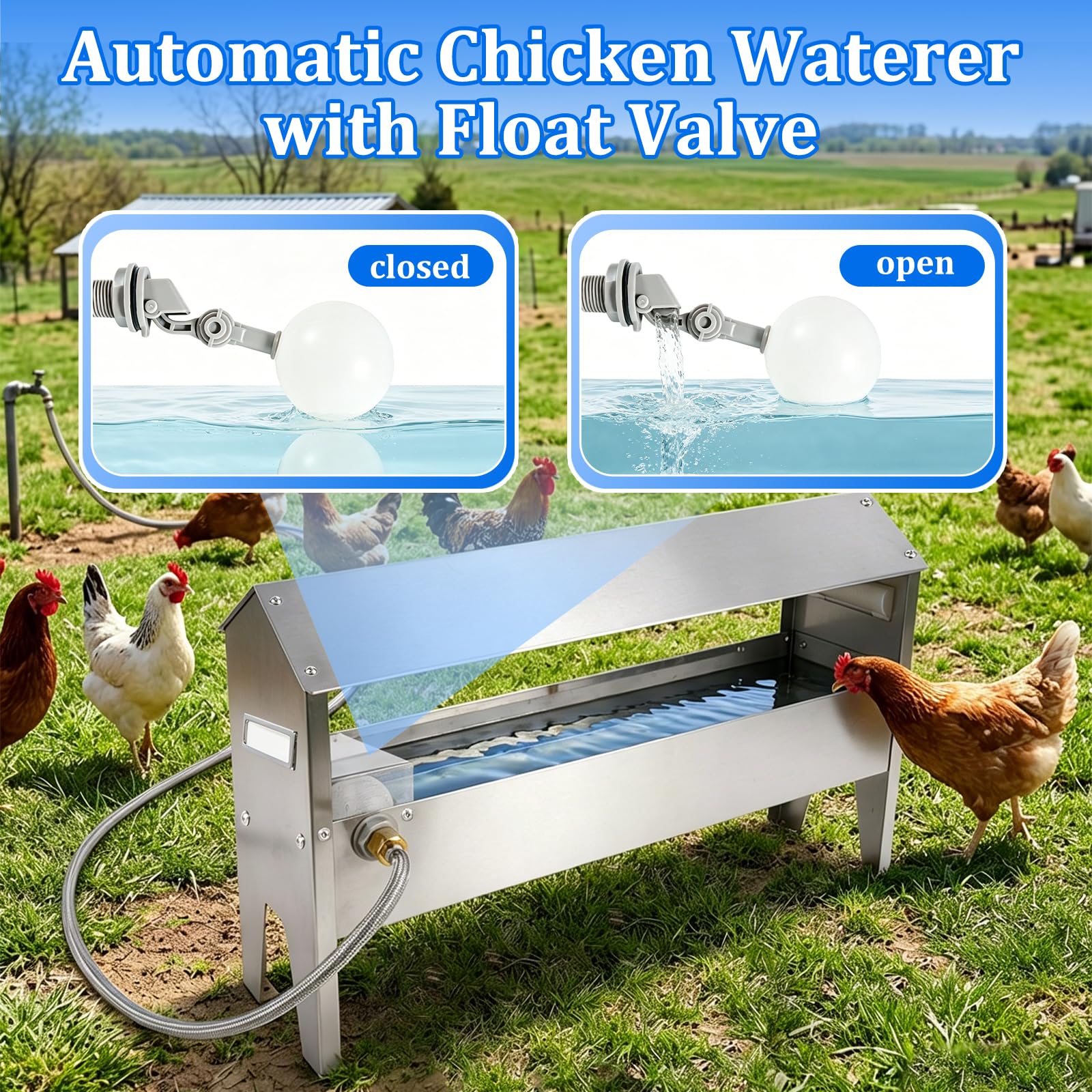 Bebedero automático para pollos de acero inoxidable con válvula de flotador dispensador de agua para pavo, codorniz, pato, ganso