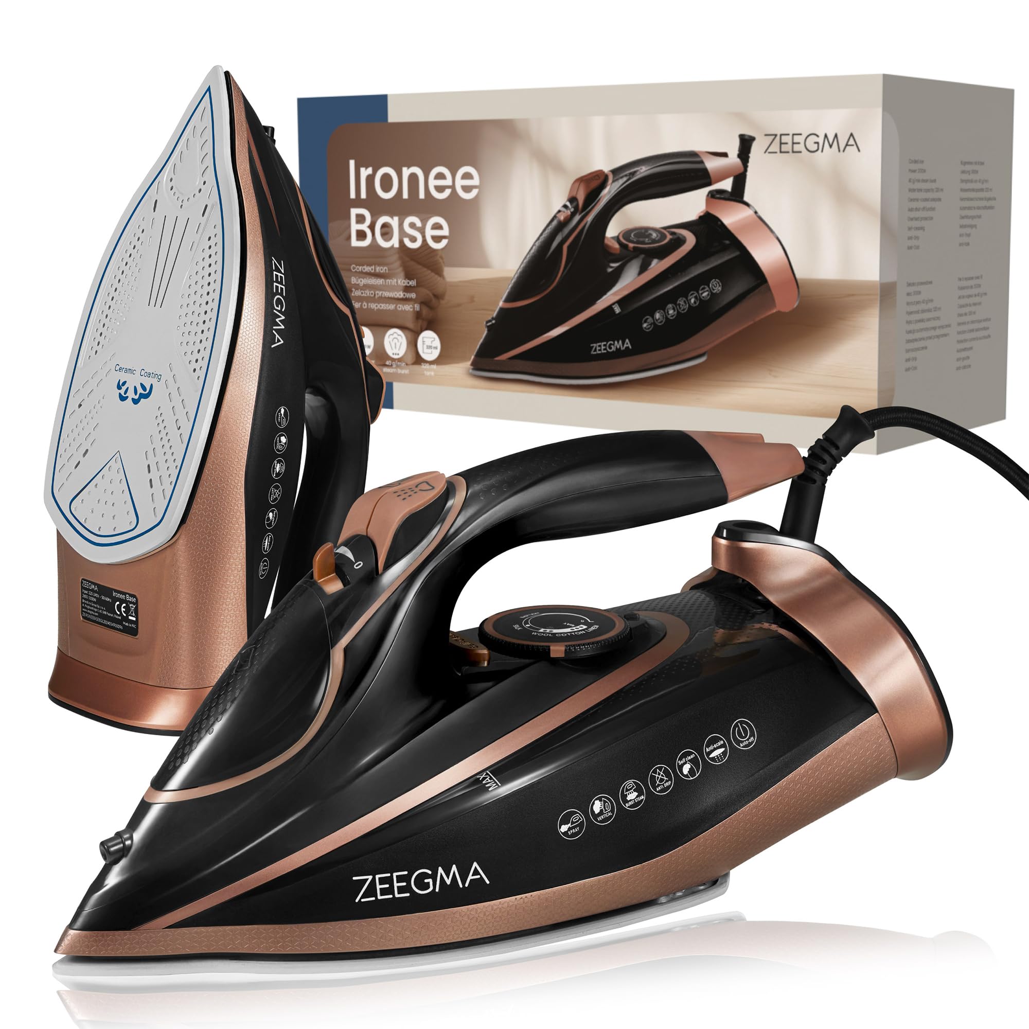ZEEGMA IRONEE BASE Przewodowe Żelazko Parowe z Powłoką Ceramiczną 3100W, Prasowanie na Sucho i Parą 40g/min, Zbiornik 320 ml Funkcja Samoczyszczenia, Anti-Drip oraz Anti-Calc