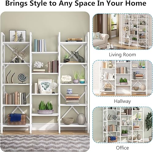 Miniatura 6 de Tribesigns Etagere - Estantería triple ancha de 5 estantes, estantería abierta grande, estilo industrial vintage, estantes de madera y metal