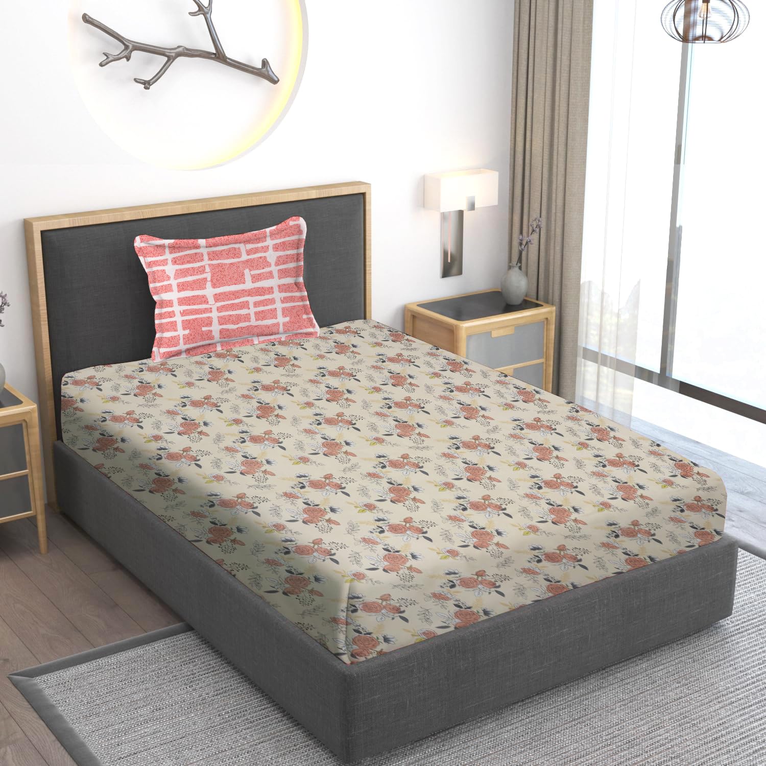 Home Stylish 280 TC Floral Print Ezyption Cotton 1 Single Bedsheet with 1 Pillow Cover 90x60 Inch Tan