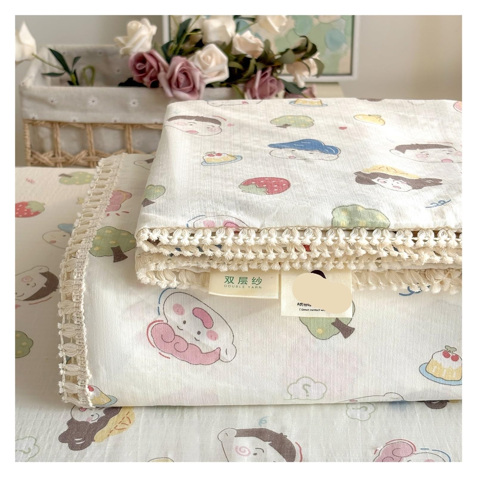 Spring Summer Floral Print Double Gauze Bed Sheet With Fringe Lace Trim(Sweet mold dream,200x230cm Twin)