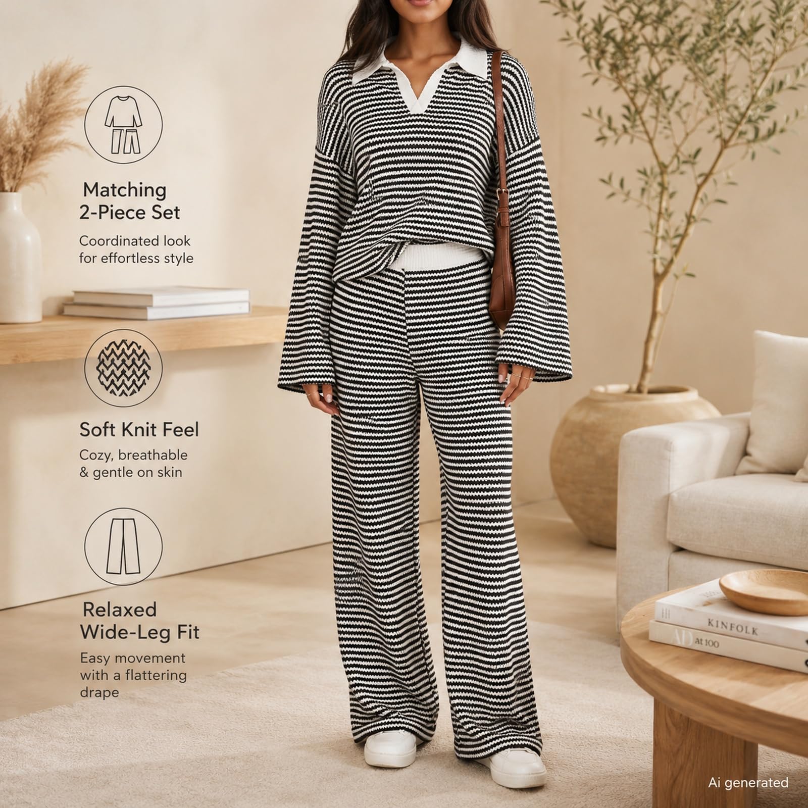 Set coordinato da donna a righe con colletto a polo a maniche lunghe e