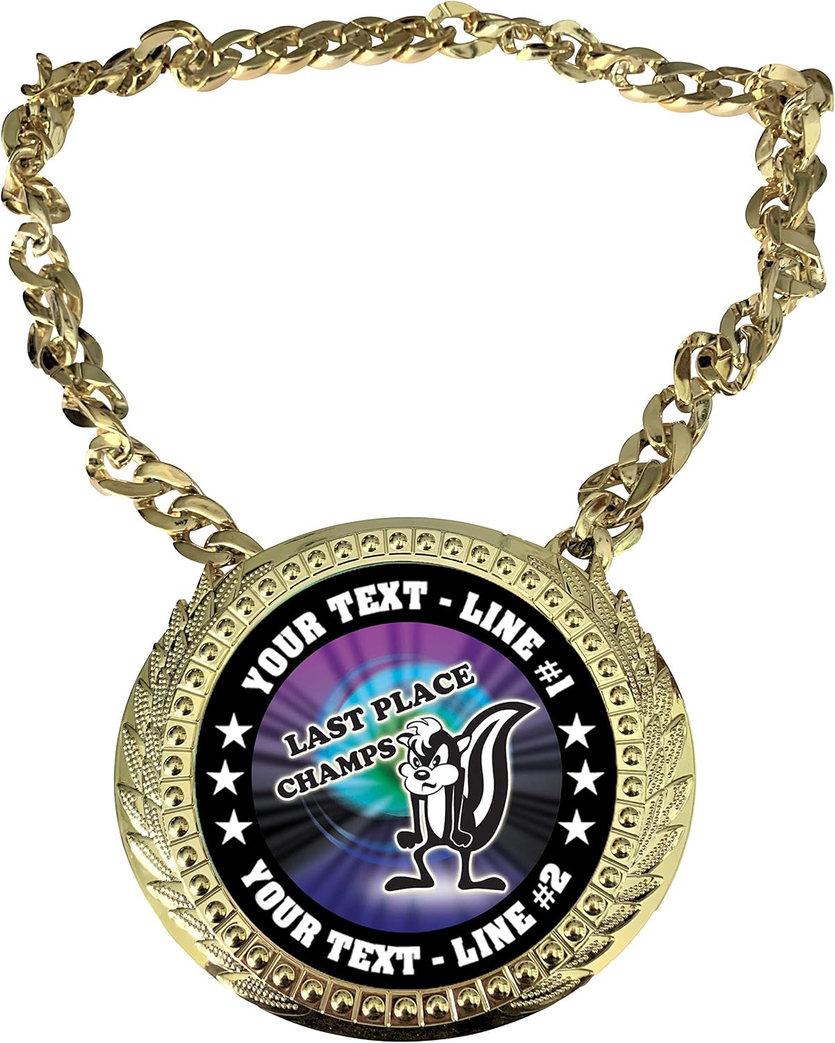Express Medals Custom Last Place Loser Skunk Champ Chain Trophy with 2 Lines of Personalized Text on a Large Rigid Plastic Award Medal and 34 Inch Long Gold Color Neck Chain. MY489