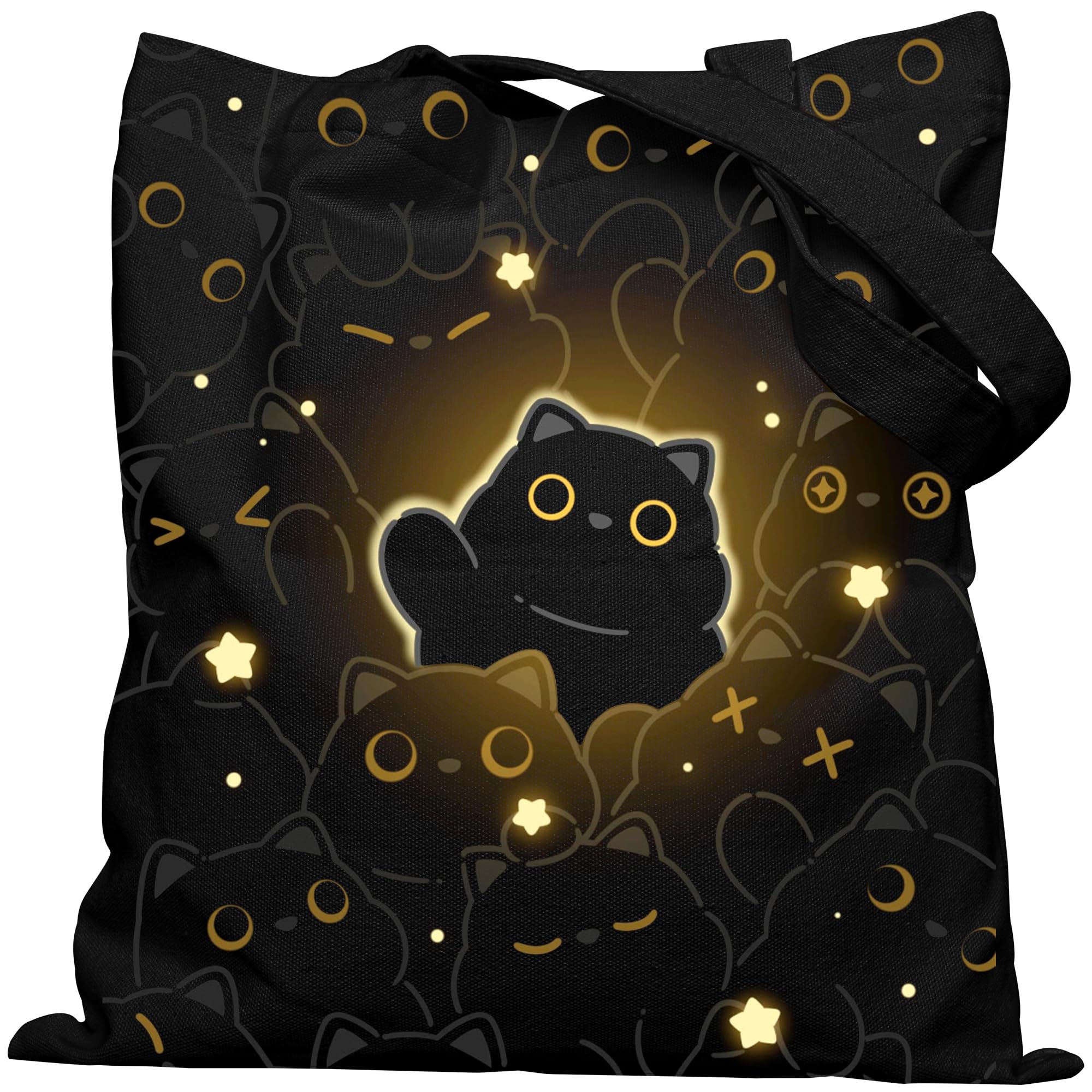 EFFUSON Canvas Tote Bag with Aesthetic Prints, Cute Tote Bag for Women Girls with Wide Strap, Gifts for Cat Book Lovers