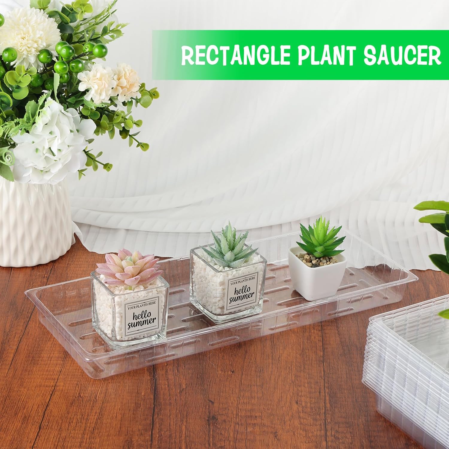 24 Pack Rectangular Plant Drip Trays, Clear Plastic Plant Saucers, Thick Plant Drip Trays Plastic Liners for Indoors Outdoors Flower Pots Window Sills Window Shelf - 15" x 6"