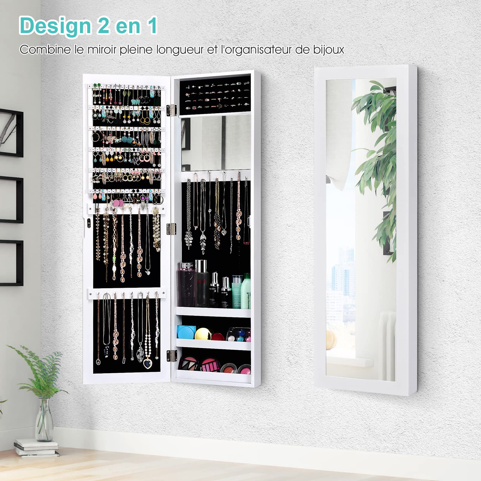 COSTWAY Armoire à Bijoux Murale/Suspendue 2 en 1 avec Miroir Antidéflagrant, Organisateur à Bijoux avec Espace de Rangement, Fermeture Magnétique, 31,5 x 8,5 x 110cm(Blanc)