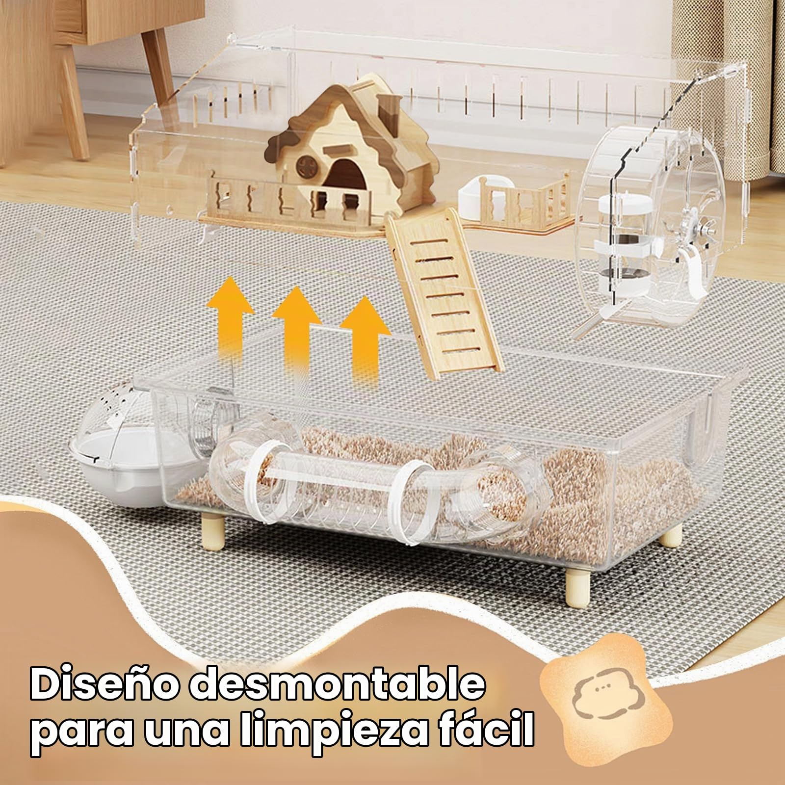 Jaula de hámster de acrílico con accesorios, jaula transparente para roedores de 45×30×33 cm con rueda, túnel, casa de madera, bebedero y cuenco para alimentos – Gran jaula para roedores pequeños para
