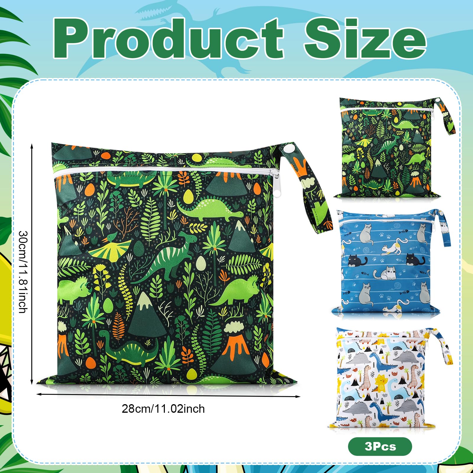 GSrenyu 3 Packs Wet Bag Waterproof Wet Dry Bags,Reusable Cloth Diaper Bags Nappy Bag with Zipper Pockets for Baby Items Wet Clothes Swimming Pool Supplies - Image 2