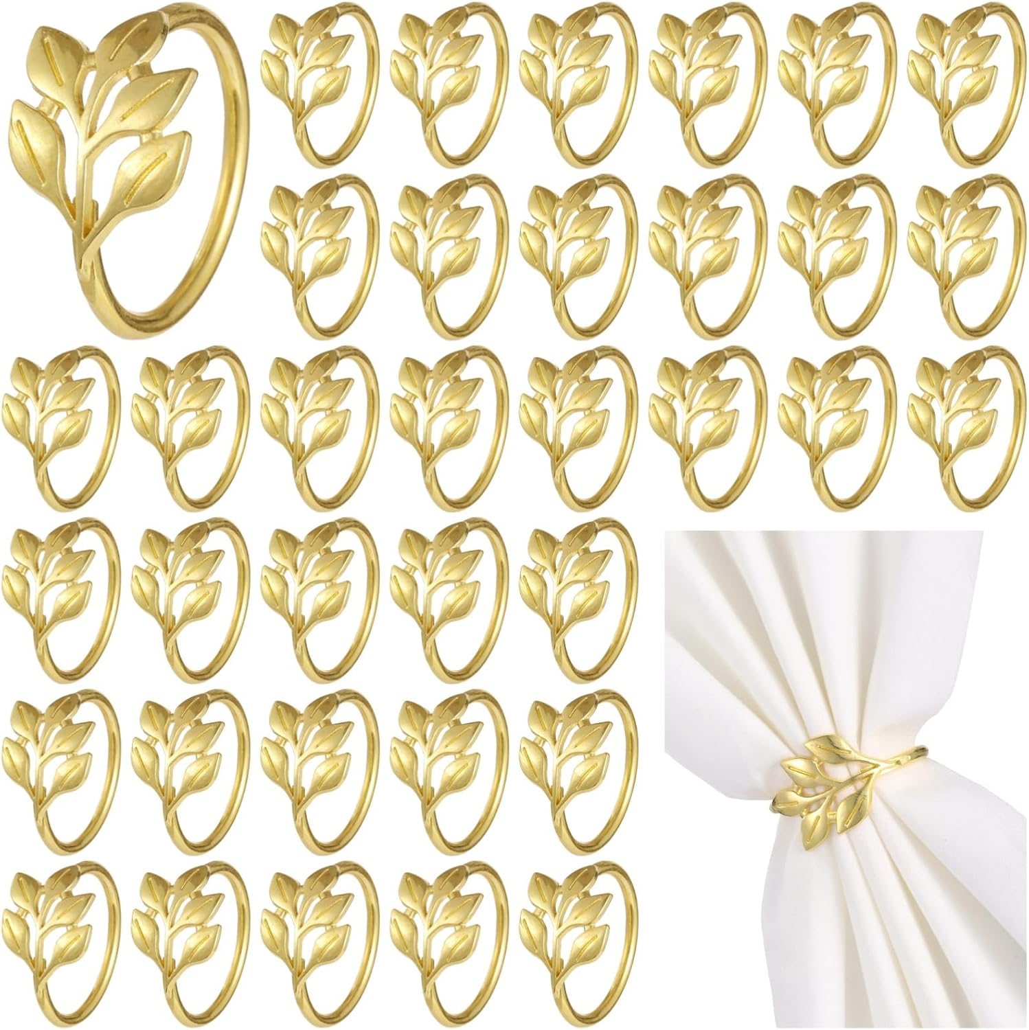 100 Pcs Gold Leaf Napkin Rings, 1.6 x 1.7 in Metal Napkin Ring Holders with Elegant Willow Leaf Design, Wedding Table Decorations, Dinner Party Decor, Kitchen & Dining Table Setting