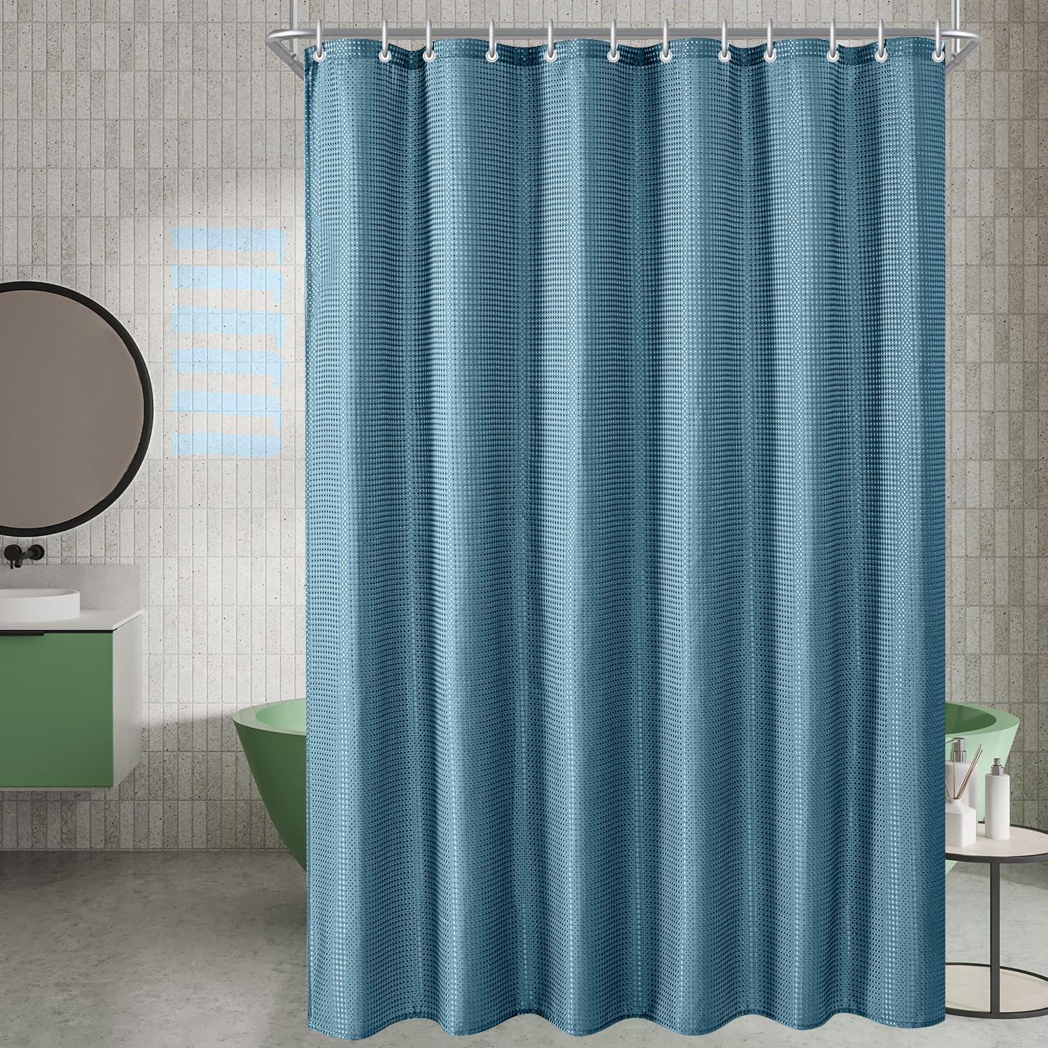 Lerores Duschvorhang 180x200 cm Waffel Mondblau, Beschwerter Saum Antischimmel Textil, Wasserabweisend, Waschbar Polyester Stoff Badevorhänge für Badezimmer, Badewanne mit 12 Duschvorhangringe