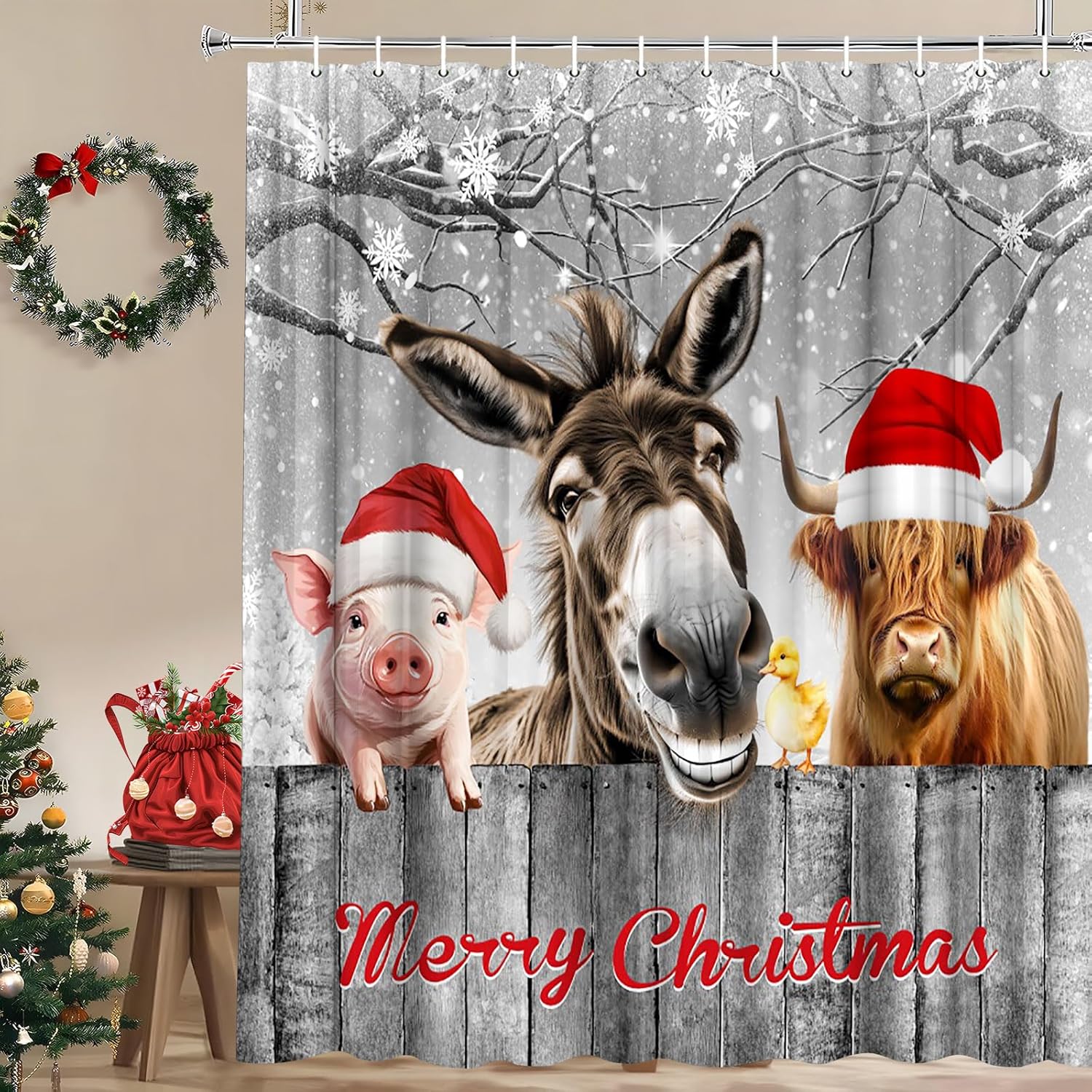 Christmas Funny Highland Cow Shower Curtain Winter Rustic Farmhouse Donkey Pig Duck Forset Wooden Holiday Bathroom Decor Fabric Curtains with Hook 70Wx80H Inches