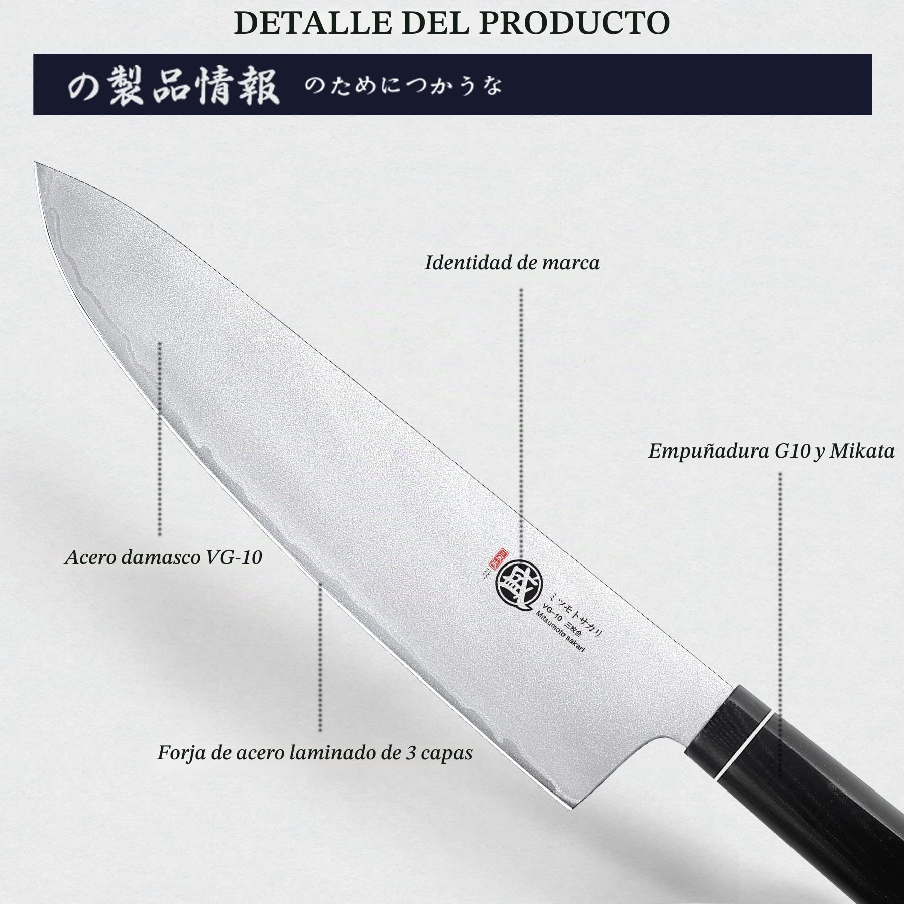 MITSUMOTO SAKARI Cuchillos Japanese VG-10, 21 cm Cuchillos Cocina Carne | Cuchillo Chef Forjado a Mano, Cuchillos Cocina Profesional, Cuchillo Gyuto Damasco, Mango G10 y Caja de Regalo