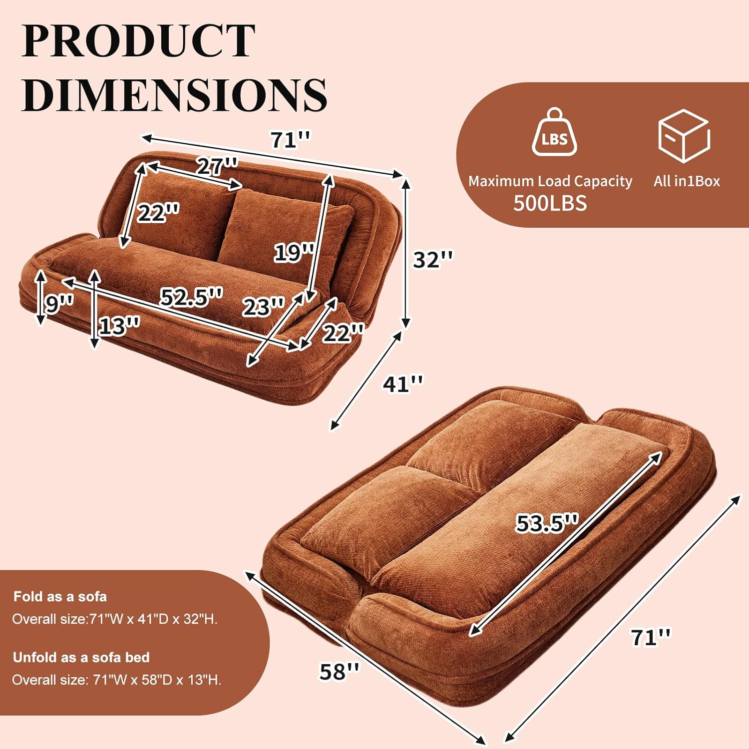 Human Dog Oversized Sofa Bed, Chenille Upholstered Sleeper Couch with Pillows, Convertible Lazy Floor Sofa Bed with 5 Adjustable Positions, Loveseat for Living Room (Orange) | Adjustable, Premium materials