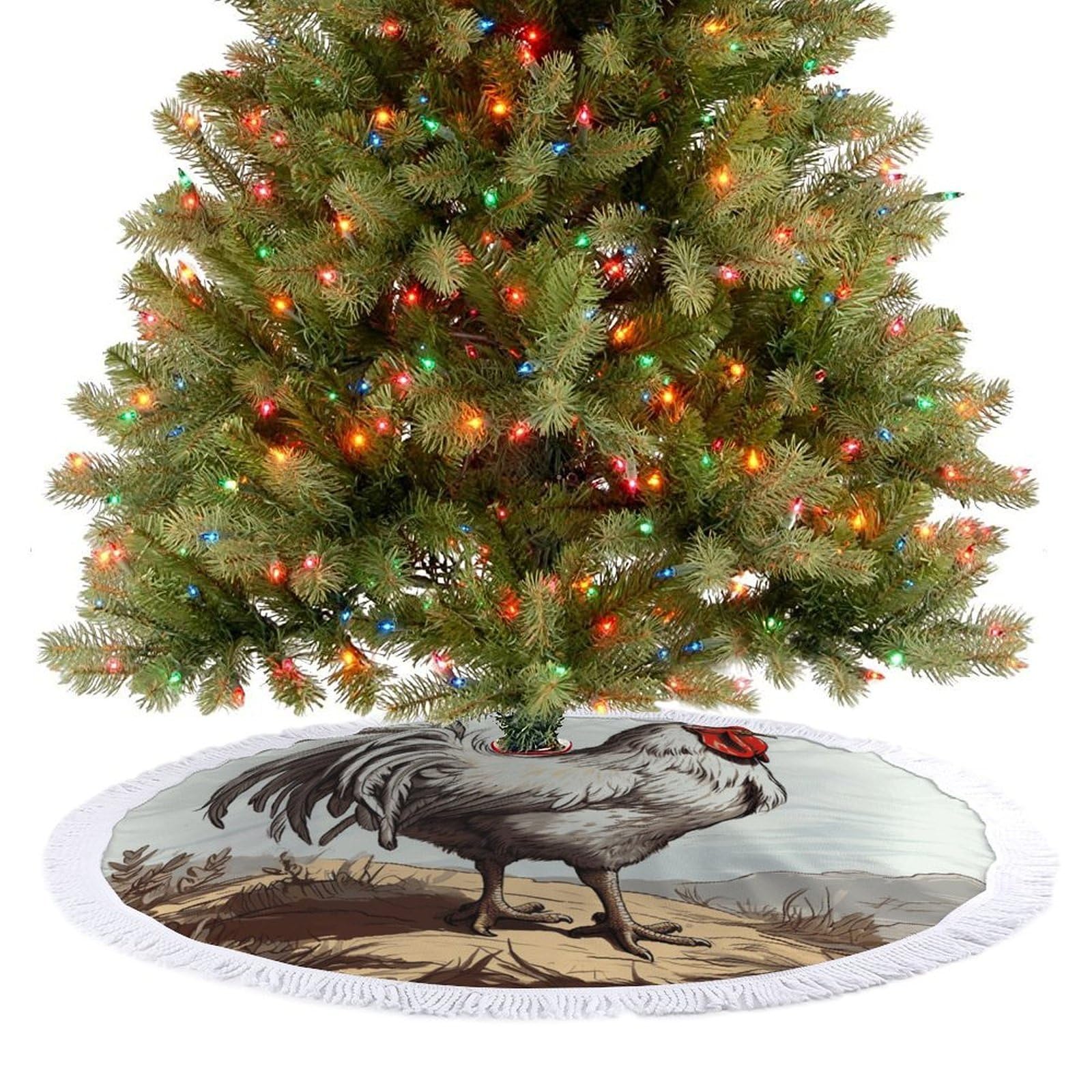 Chicken Sketch Christmas Tree Skirt 36"x36" Rustic Xmas Tree Mat with Tassel Ornament Christmas Trees Cover Skirt Mat for Evergreen Trees Ornament Winter Holiday Mats Decorations