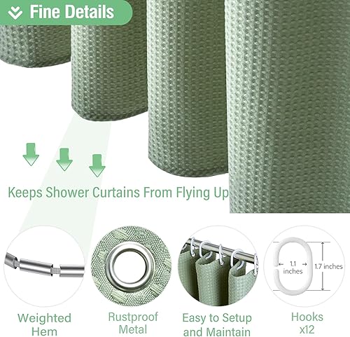 Vista 29 de Dynamene Cortina de ducha larga de tela negra – Cortinas de ducha de tela alta y resistente con textura de gofre, juego de cortina de baño de lujo