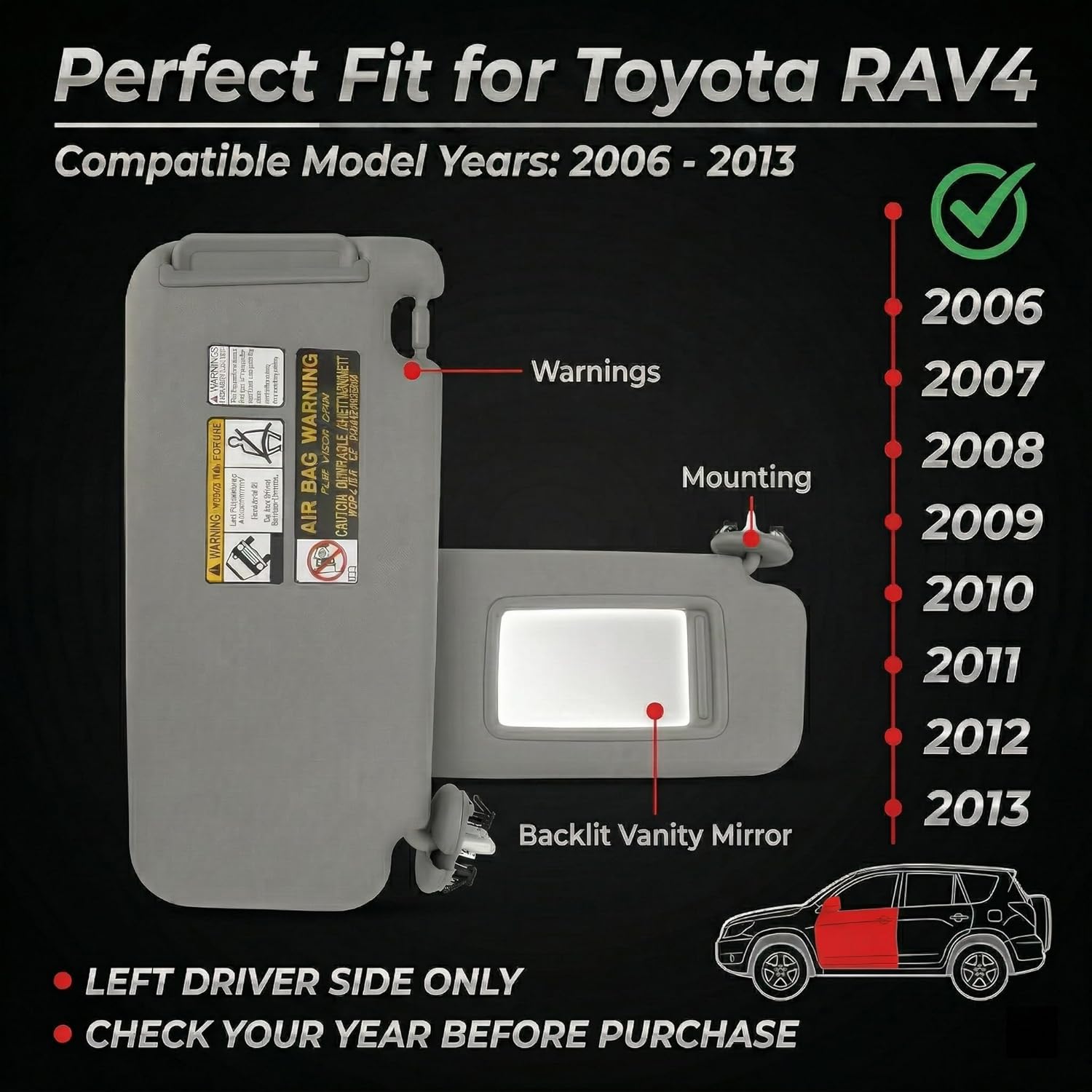 Sun Visor Left Driver Side Compatible with Toyota RAV4 2006-2013 Gray Replaces 74320-42501-B2 - Sunshade with Extensions,Wired Vanity Light & Bonus Portable Mirror
