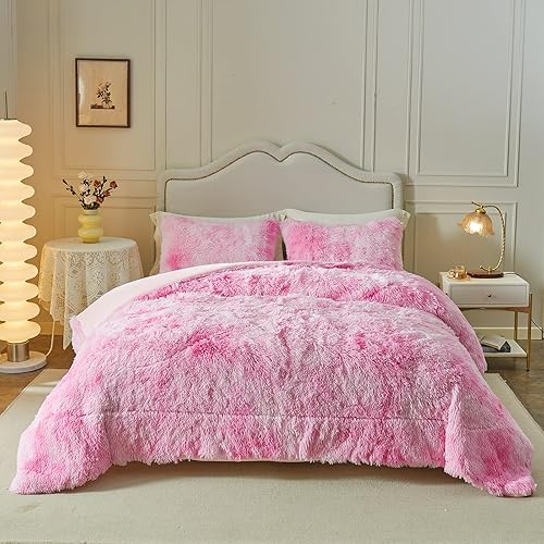 Miniatura 2 de Wajade Juego de edredón rosa de felpa de pelo sintético, juego de cama mullido y peludo, juego de edredón de microfibra suave y cálido de 3 piezas