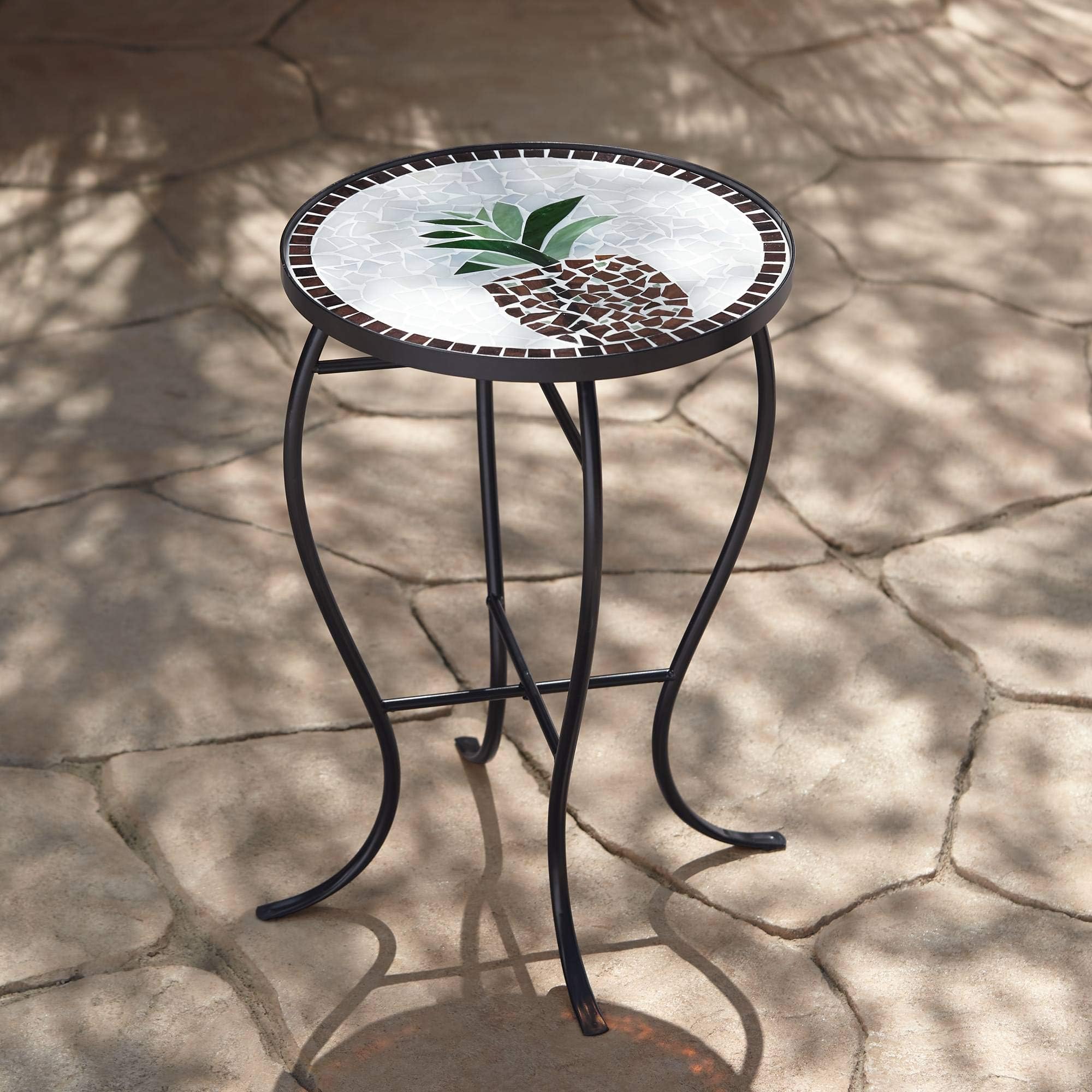 Beige Pineapple Modern Black Metal Round Outdoor Accent Side Table 14" Wide Black Glass Mosaic Tabletop Gracefully Curved Legs for Front Porch Patio Home House Balcony Deck Shed