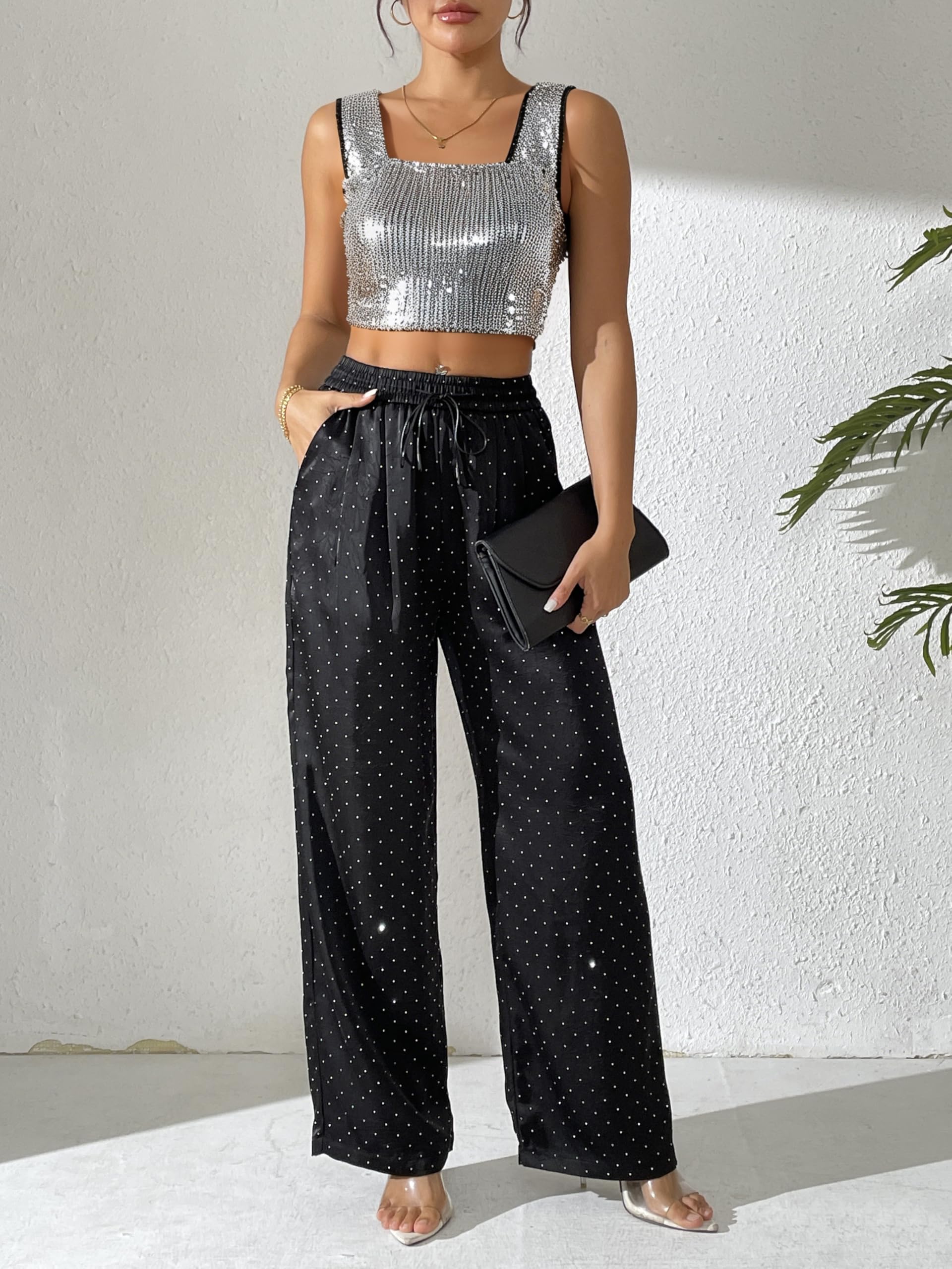 Pantalon soyeux en satin avec strass et paillettes - Taille haute - Jambe large - Brillant - Pour fête, travail, boîte de nuit
