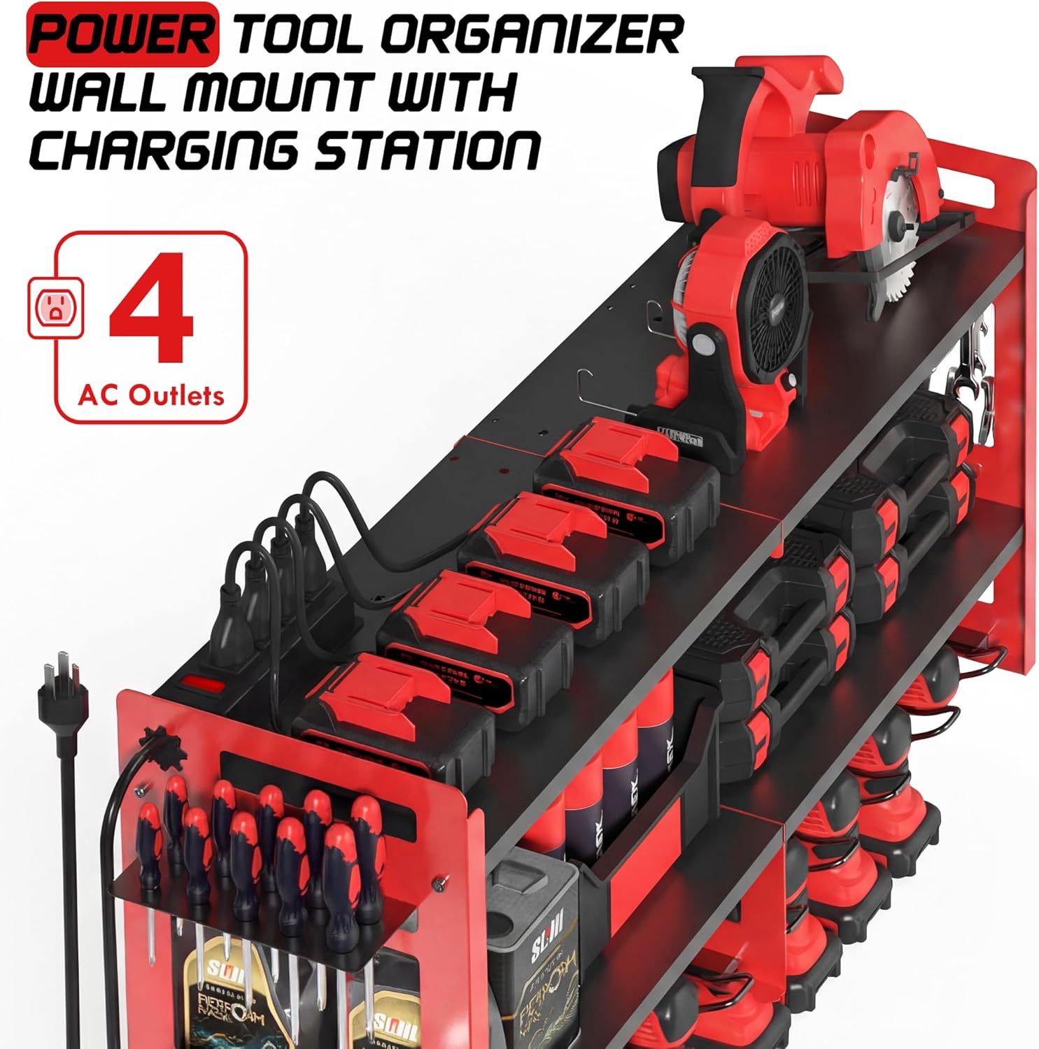 TOPRINCE Large Power Tool Organizer Wall Mount with Charging Station, 3-Tier Heavy Duty Metal Tool Rack with 8 Drill Holders and 6FT Power Strip, Garage Workshop Storage.Red