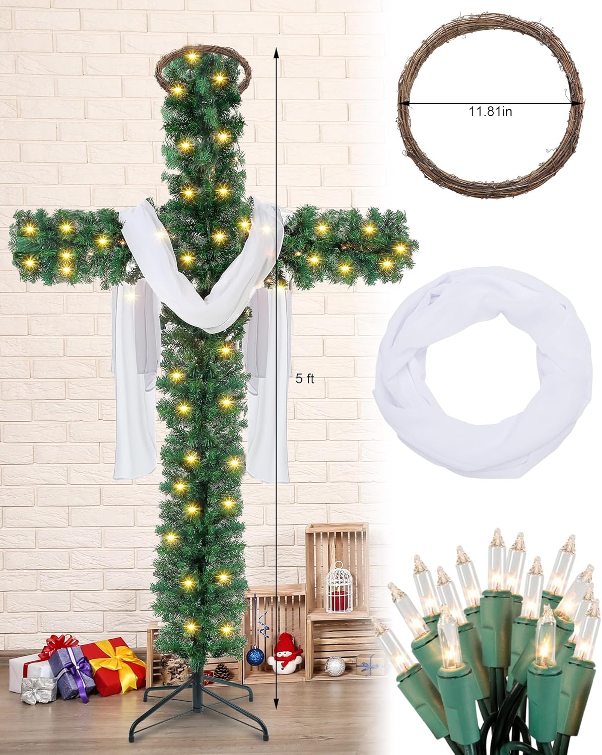 Leyndo 5ft Cross Christmas Tree with Lights, Prelit Artificial Skinny Pencil Christmas Xmas Tree with Silk Scarf and Christ Crown for Christian Holiday Church Home Decor Celebrate Lord and Savio
