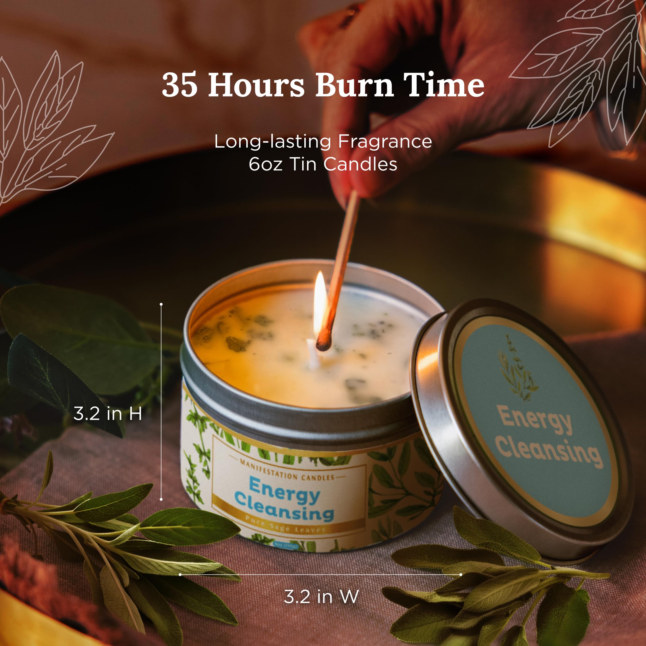 MANIFESTATION CANDLE White Sage Leaf & Scent, Smudge Candle for House Energy Cleansing, Banishes Negative Energy I Purification and Chakra Healing - Natural Soy Wax Tin for Aromatherapy (Sage Leaf) 1