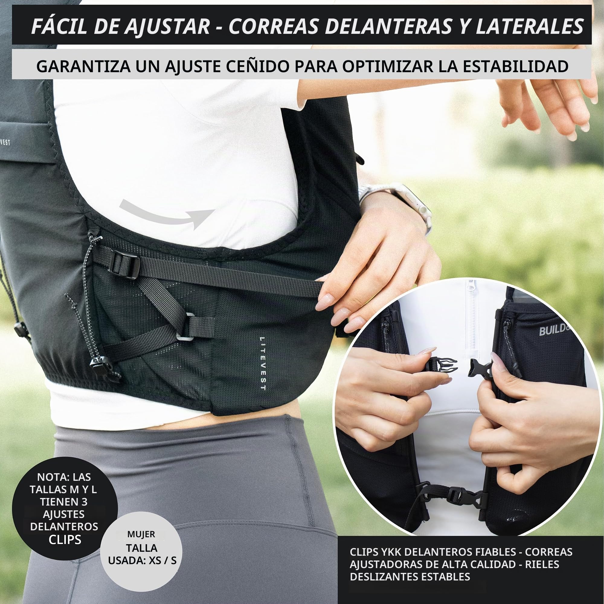 Chaleco de running LITEVEST de Build & Fitness con 2 botellas blandas de 500 ml, 7 bolsillos, ligero y transpirable, premium, seguro, cómodo y elegante para trail running, maratones y carreras diarias