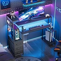Vista 4 de Escritorio para juegos de 48 pulgadas con luces LED y tomas de corriente, escritorio para computadora con cajones de tela y gancho lateral, mesa