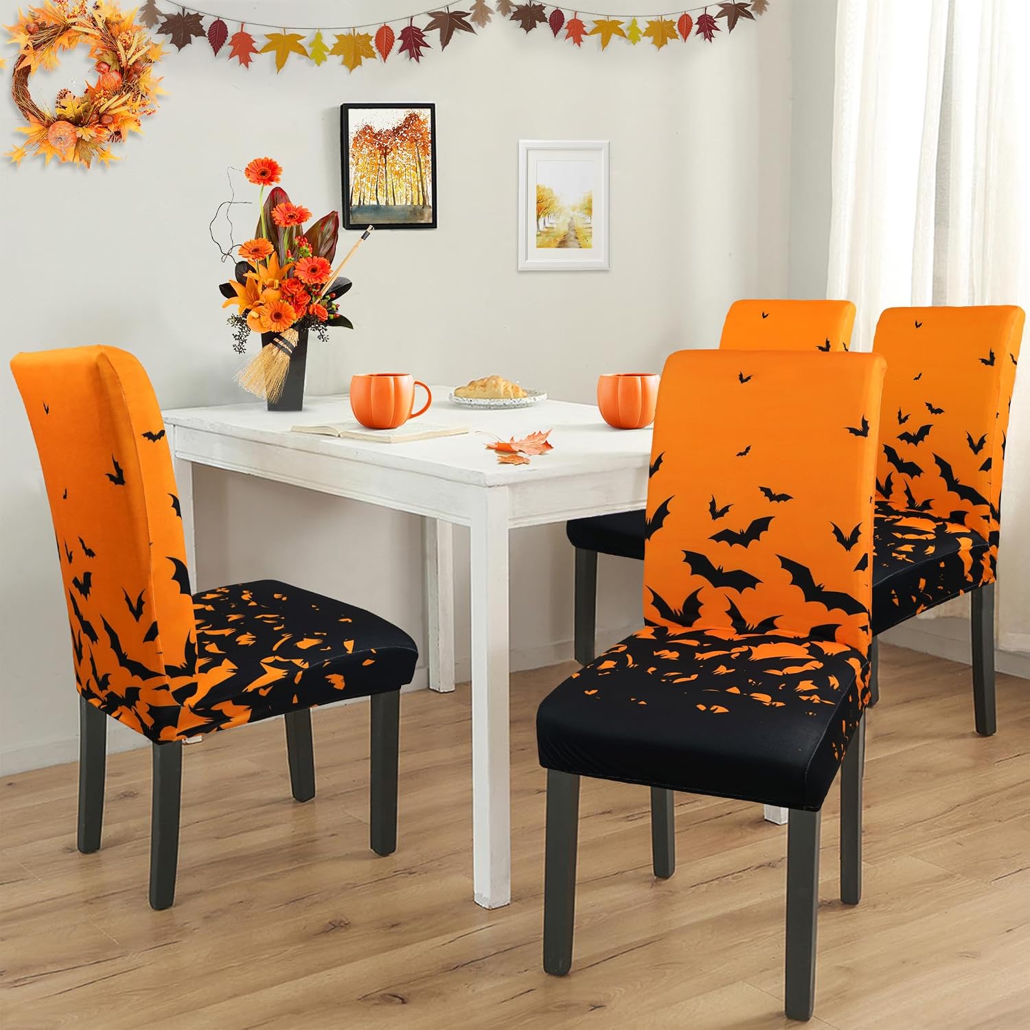 Roszwtit Halloween Chair Covers for Dining Room Set of 4 Halloween Bats Stretch Dining Chair Slipcovers 4 Pieces Holiday Spooky Washable Removable Seat Protector 4 Pack Decor for Home and Party