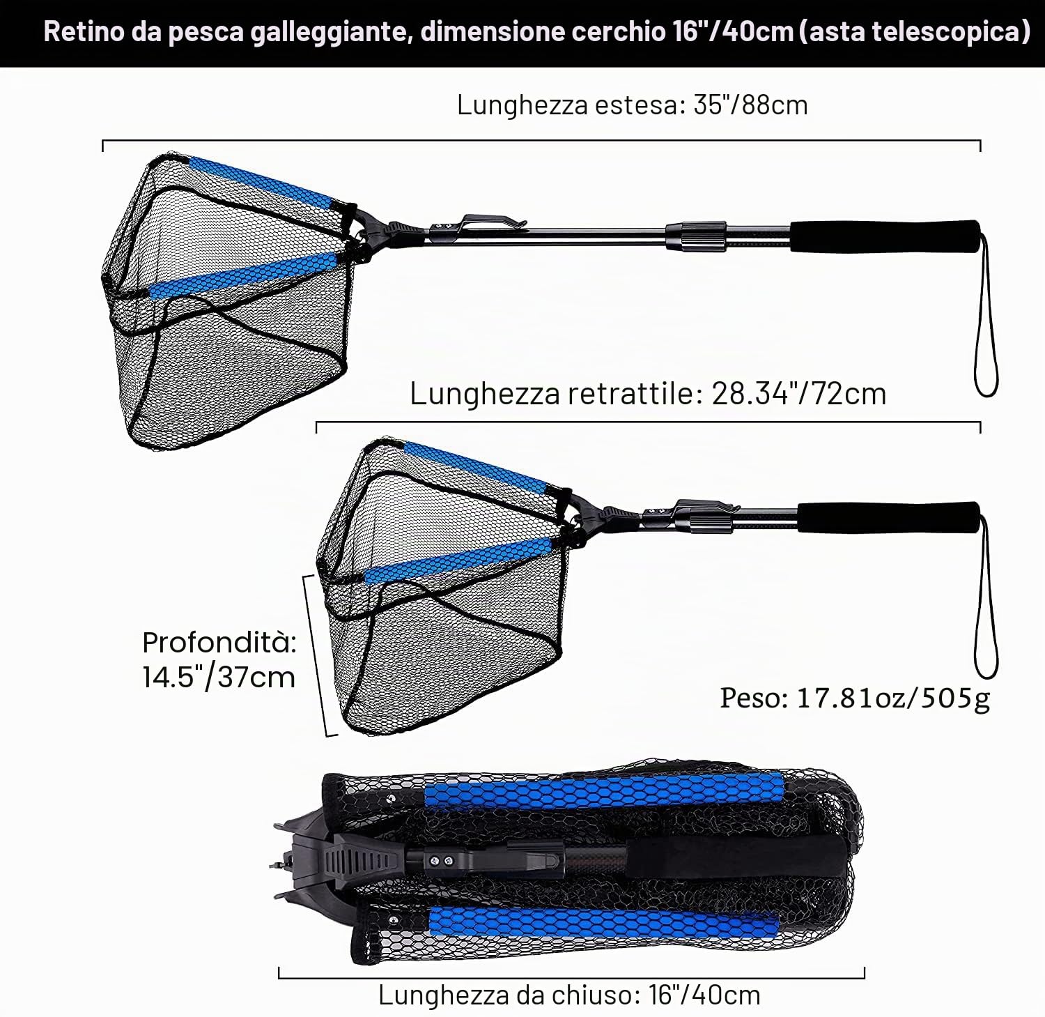 PLUSINNO - Retino da pesca per pesci, con manico telescopico pieghevole, rete in nylon resistente, cattura o rilascio sicuro dei pesci