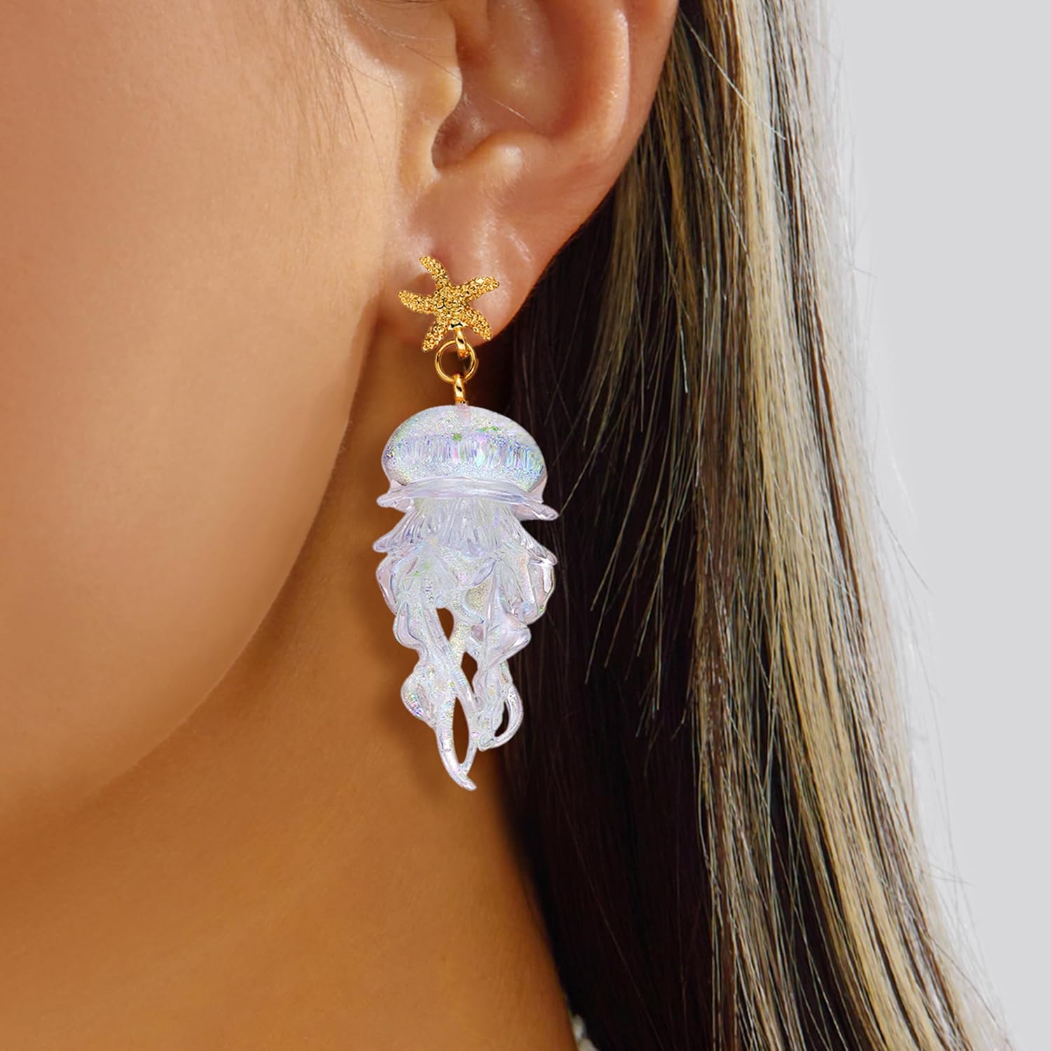Acrylic Jellyfish Earrings for Women Gold Starfish Stud Ocean Jellyfish Weird Earrings Summer Beach Boho Statement Jewelry image 2