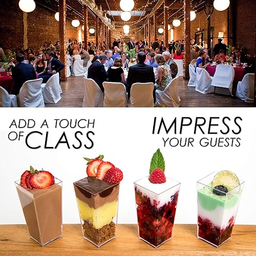 Miniatura 5 de DLux Mini tazas de postre de 100 x 3 onzas (sin cucharas), cuadradas altas, taza de plástico transparente para aperitivos de parfait, pequeño tazón
