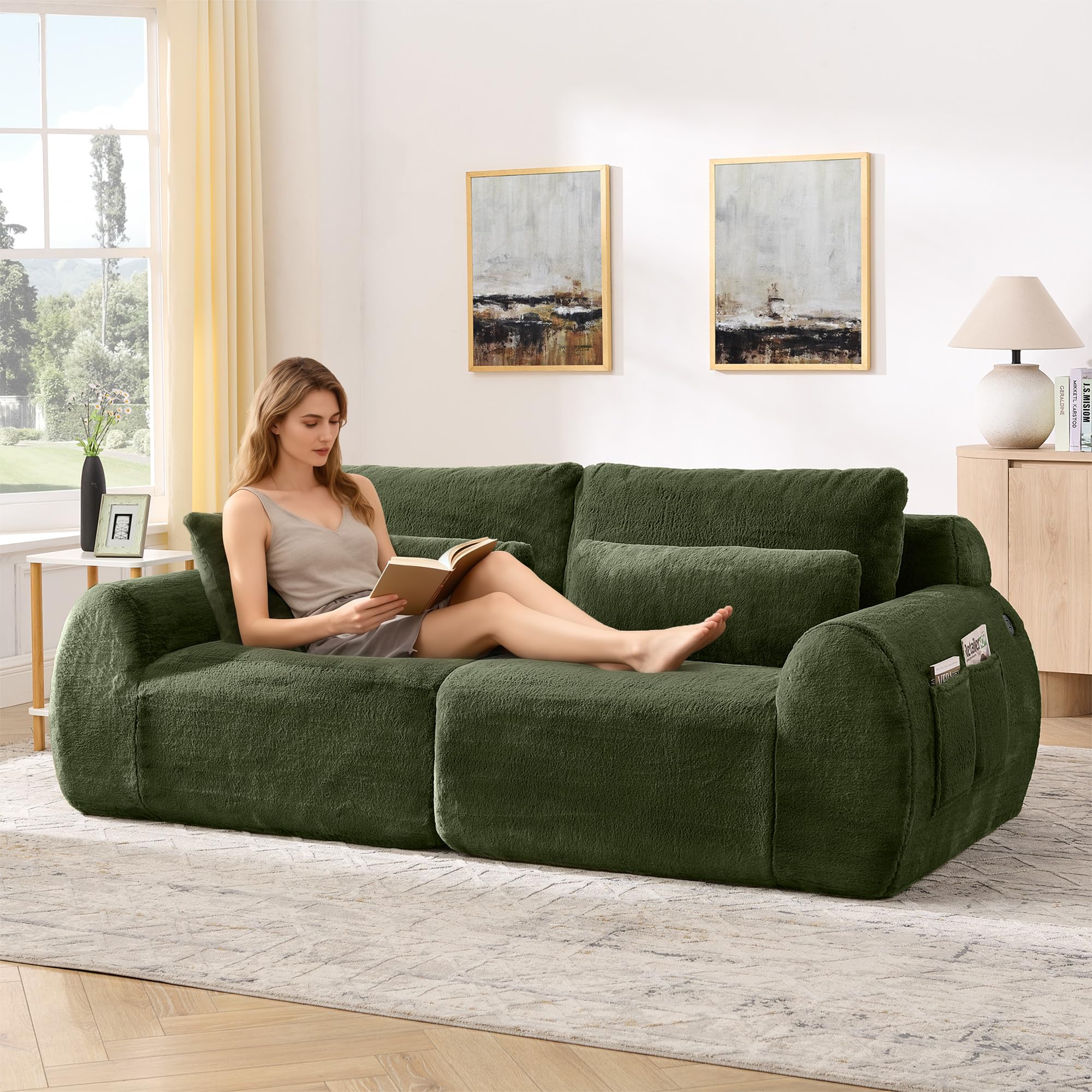 Divano a 2 Posti in Pelliccia Sintetica, con USB e Tasca, Verde