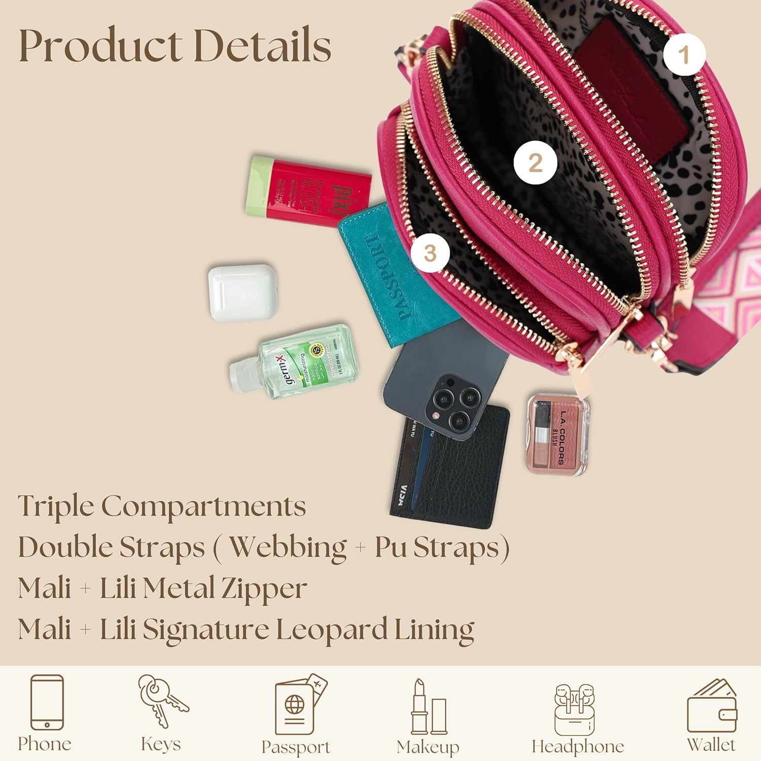 Mali+Lili Small Crossbody Bag for Women, Triple Compartment Shoulder Bag with Double Strap