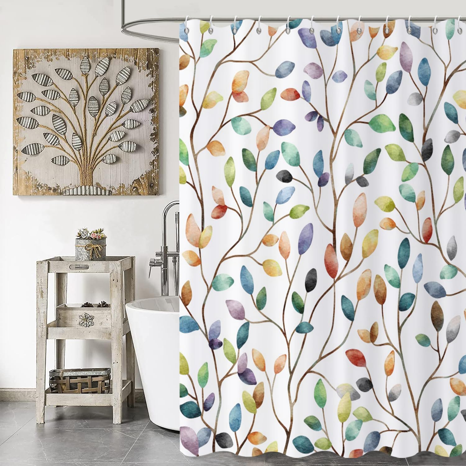 Colorful Leaf Shower Curtain, Spring Abstract Watercolor Boho Botanical Floral Leaves Bath Curtain Waterproof Fabric Machine Washable with Hooks, 72" Wx84 L