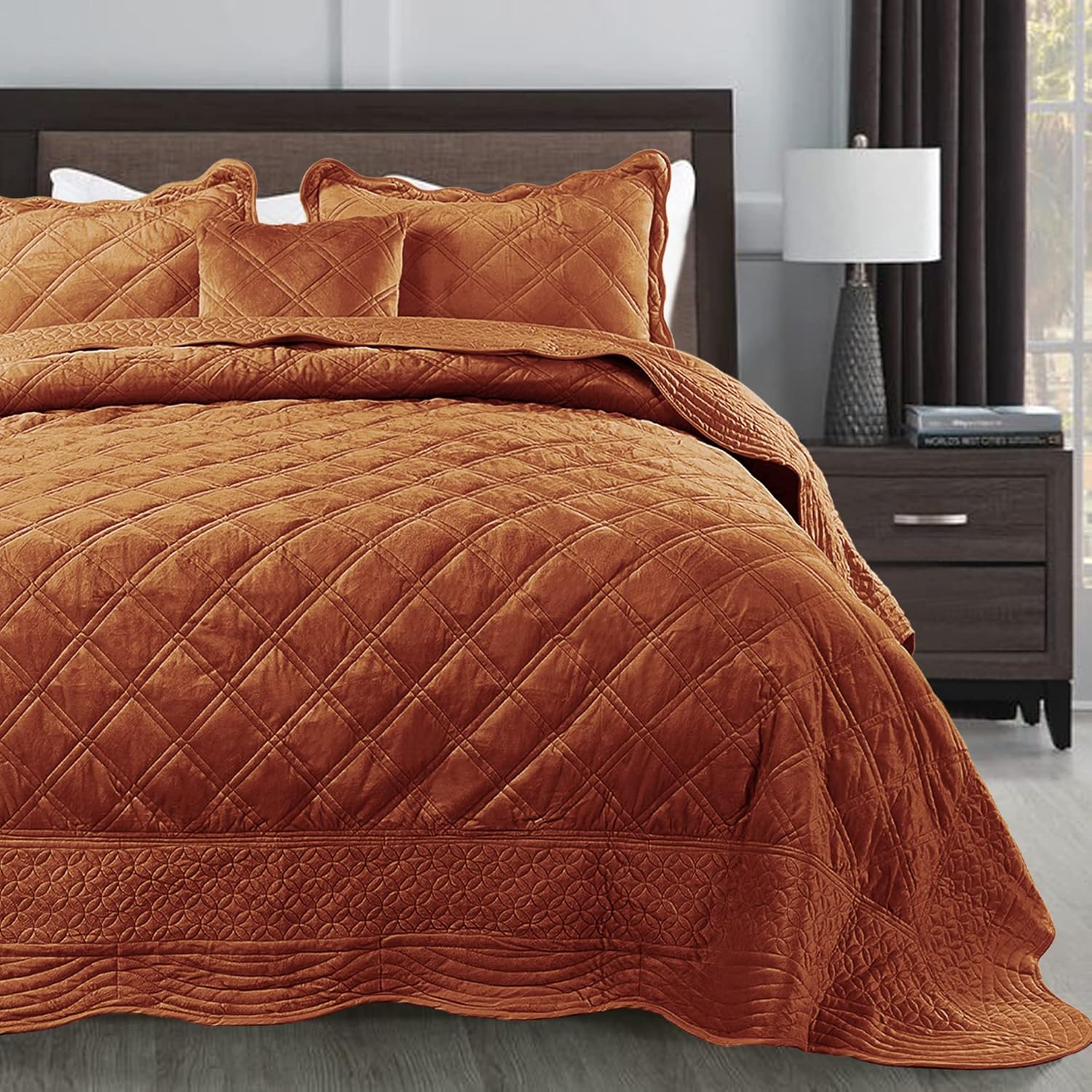 Home Soft Things Super Soft Microplush 4 Piece Bedspread Set Oversize Queen 110" x 120", Brick Diamond Plaid Scallop Edged Warm Cozy Plush Quilt Comforter Bedding Set with 2 Shams 1 Pillow