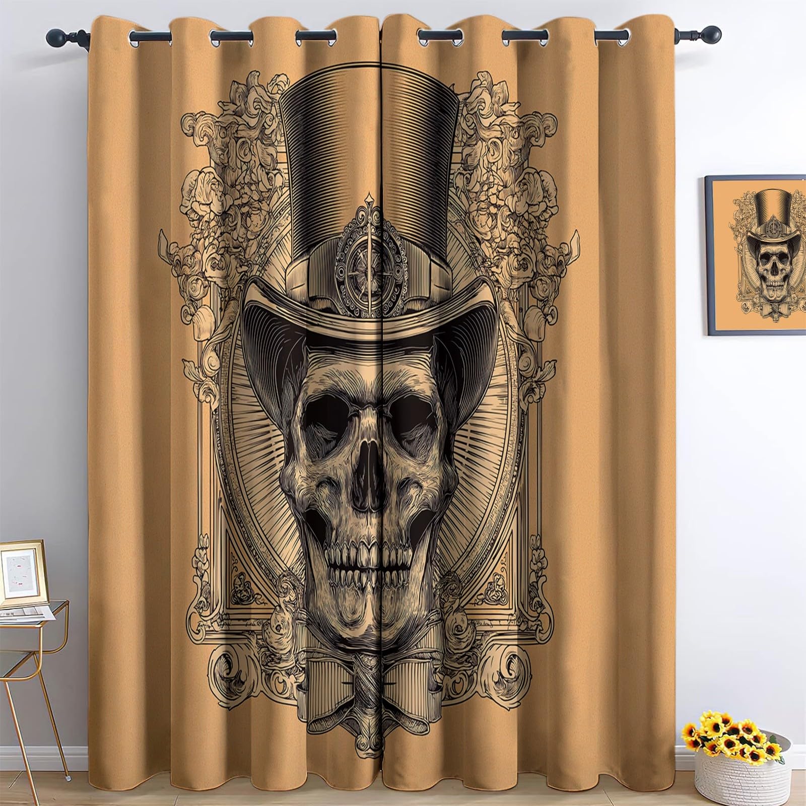 Generisch Horror Totenkopf Kopf 2er Set Verdunkelungsvorhänge mit Ösen, Steampunk Stil Blickdicht Thermo Isoliert Vorhänge für Wohnzimmer & Schlafzimmer, HxB 166 x 75 cm