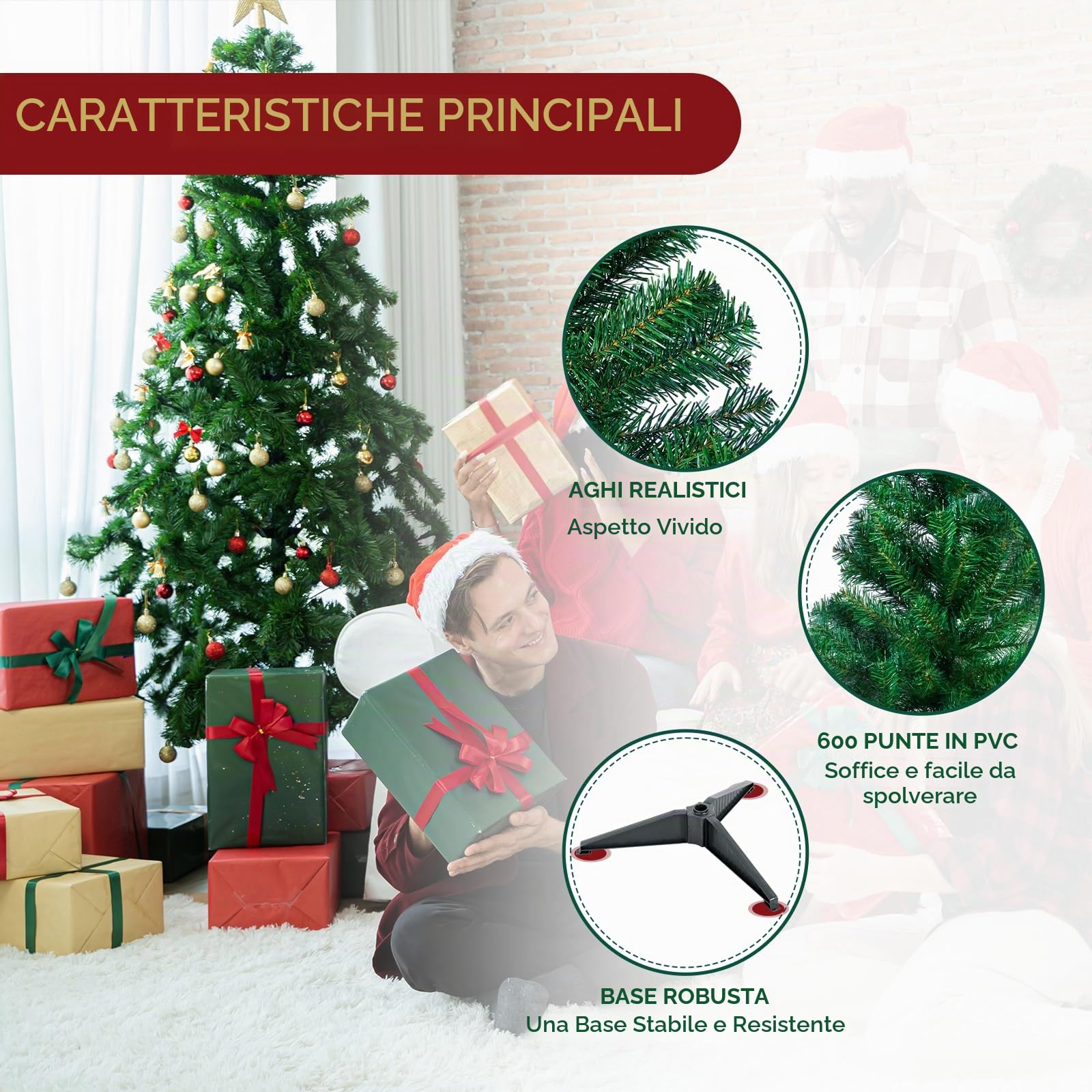 CCLIFE Albero di Natale Piccolo Slim, Albero con Aghi di Pino, 180 cm, Verde, 600 Rami, Cushhom