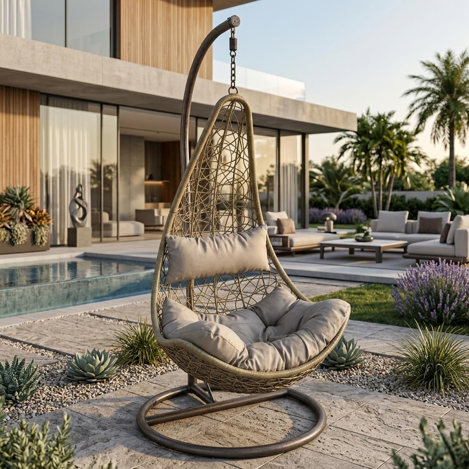 Poltrona Sospesa Da Esterno Per Giardino Con Struttura Autoportante In Metallo Seduta In Polyrattan E Cuscino Con Poggiatesta Arredo Outdoor Terrazza Balcone E Veranda 105 x 195 Cm Beige