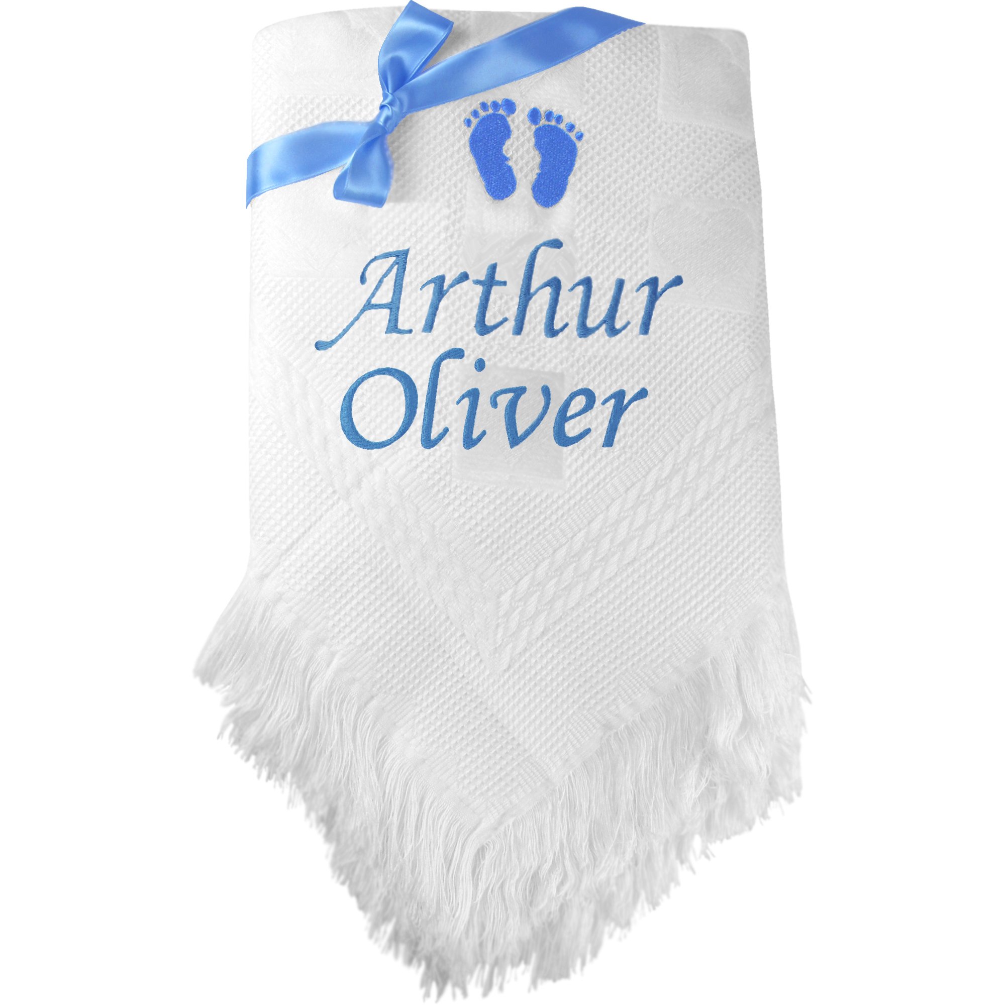 Personalised Footprint Shawl Blanket Gift with Name Embroidery (Two Names (24 Characters), Blue Embroidery)