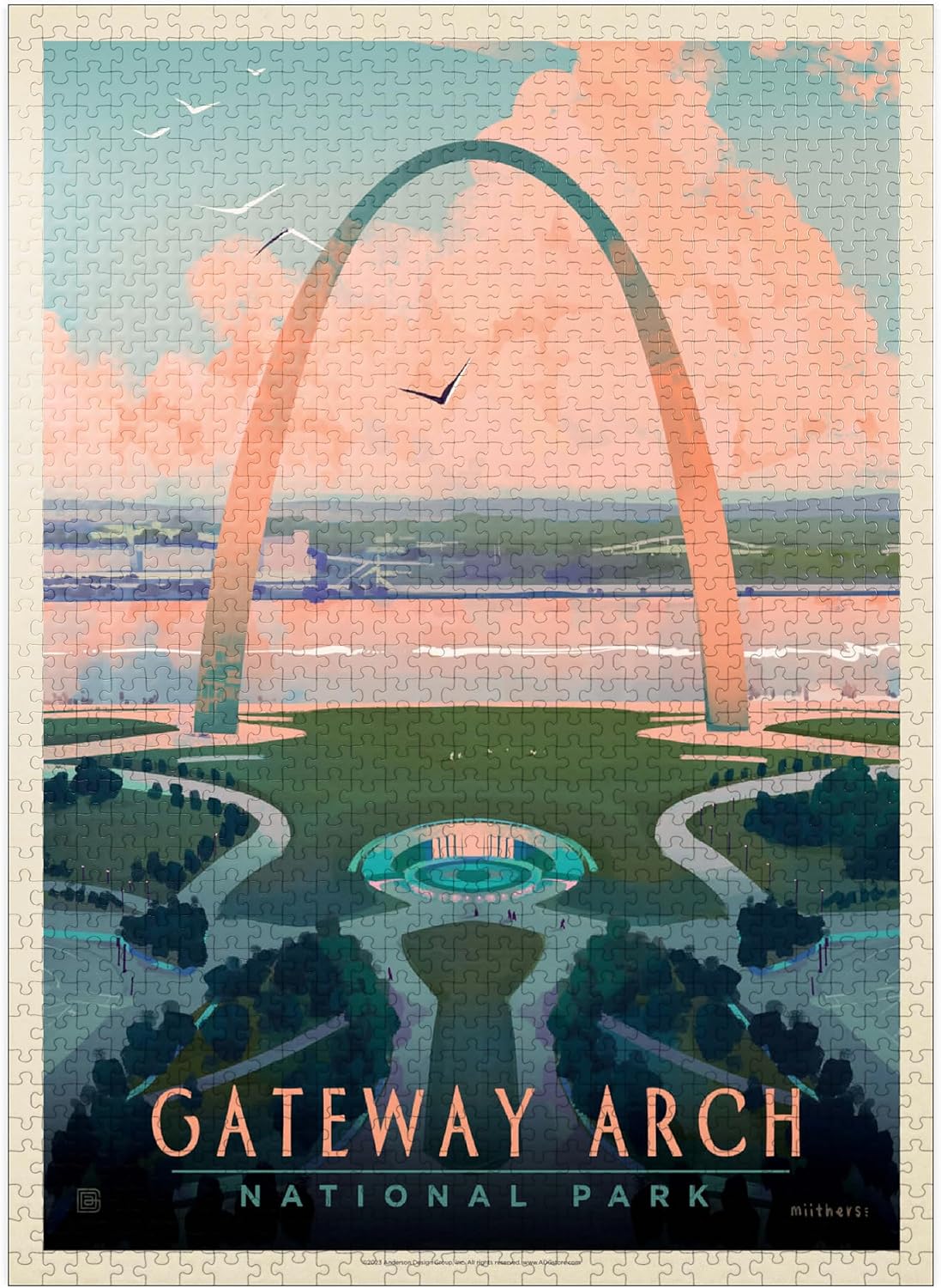 MyPuzzle Gateway Arch National Park: Bird's-Eye View, Vintage Poster - Premium 1000 Piece Jigsaw Puzzle for Adults