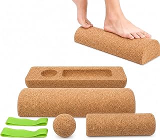Cork Balance Board & Foot Roller Set, Ankle Strengthener for Yoga | Relieves plantar fascia tension, includes massage ball & toe resistance bands, built-in storage, physical therapy equipment